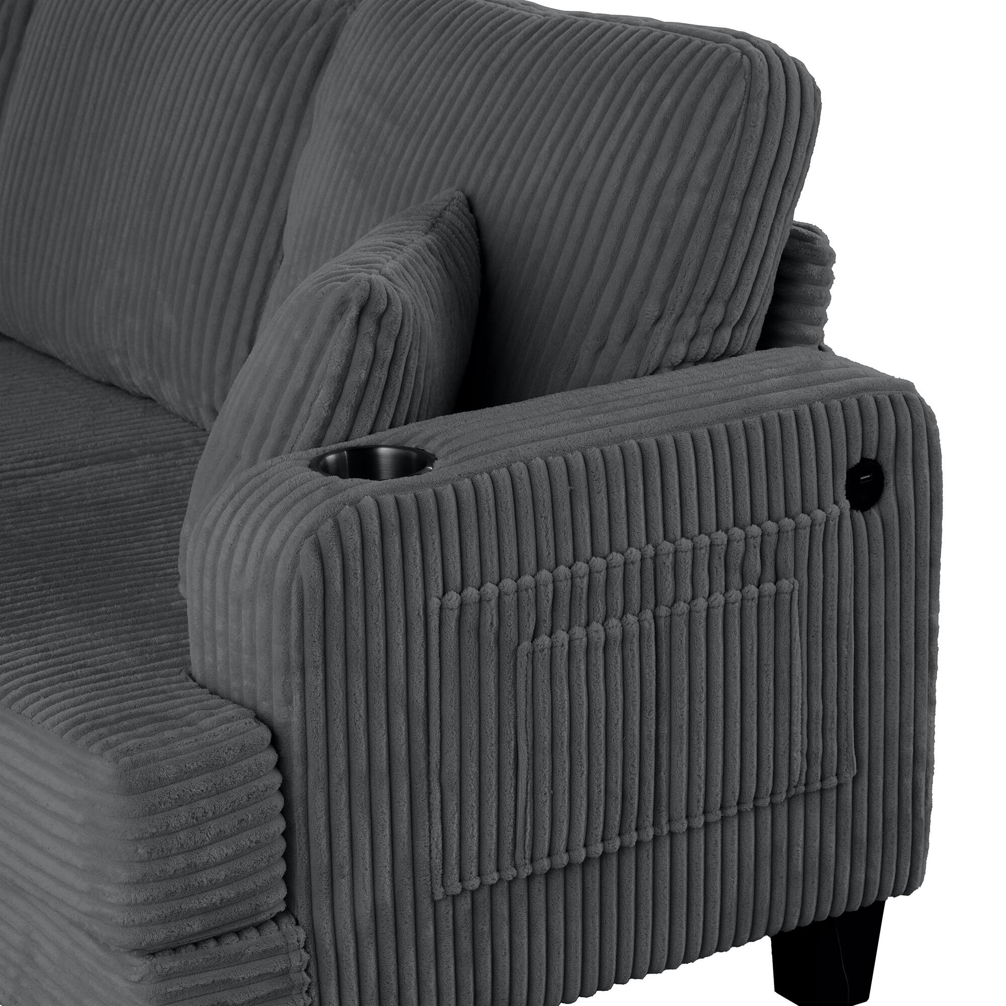 Angle. Vaczon - Sofa Couch with USB Charging Ports and Cup Holders, 3-Seater Upholstered Living Room Sofa with 2 Throw Pillows - Gray.