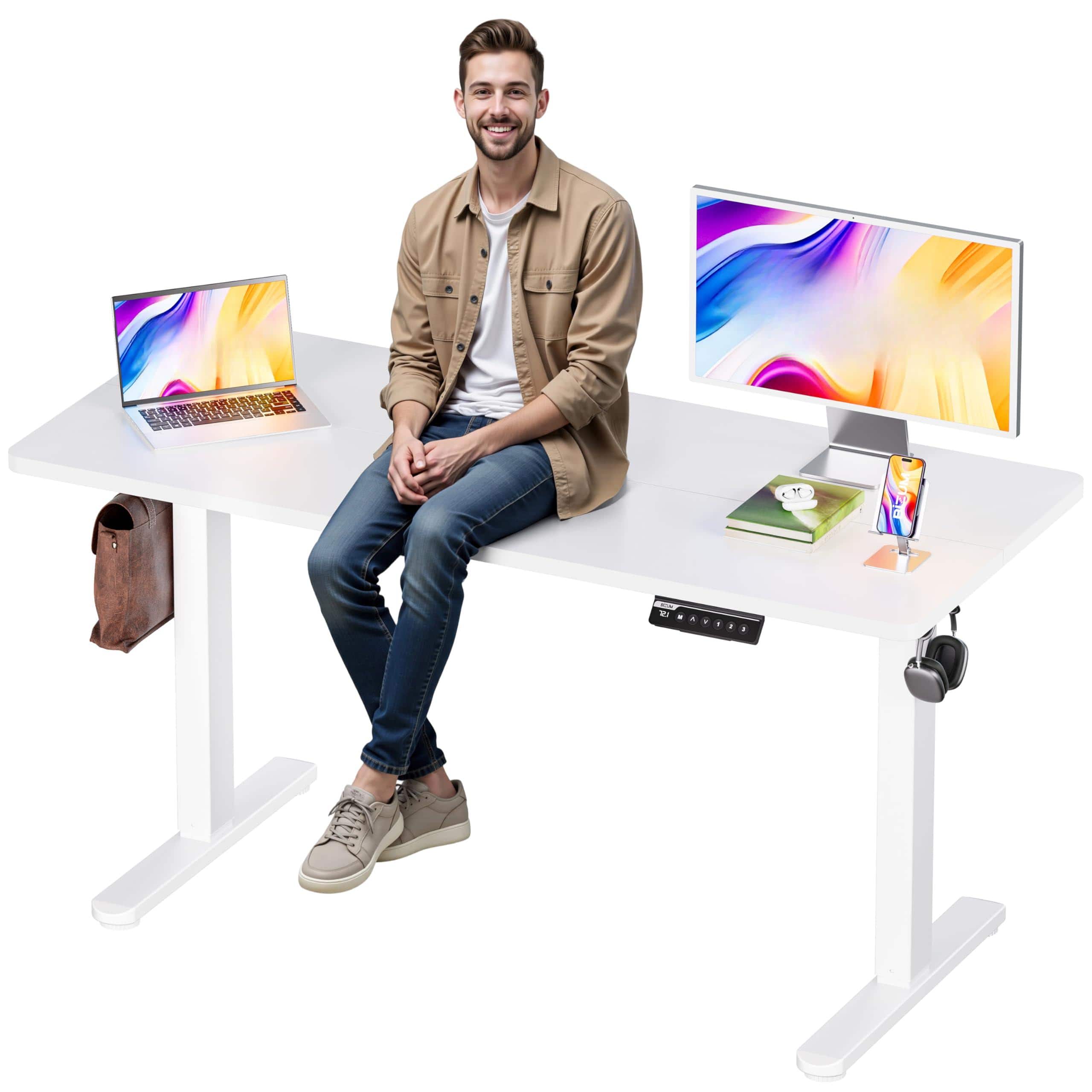 Hirose Alice - BIZUM Electric Standing Desk with Memory Presets, Quiet Motor Height Adjustable Stand Up Desk for Home Offi - White 55*24 Inch