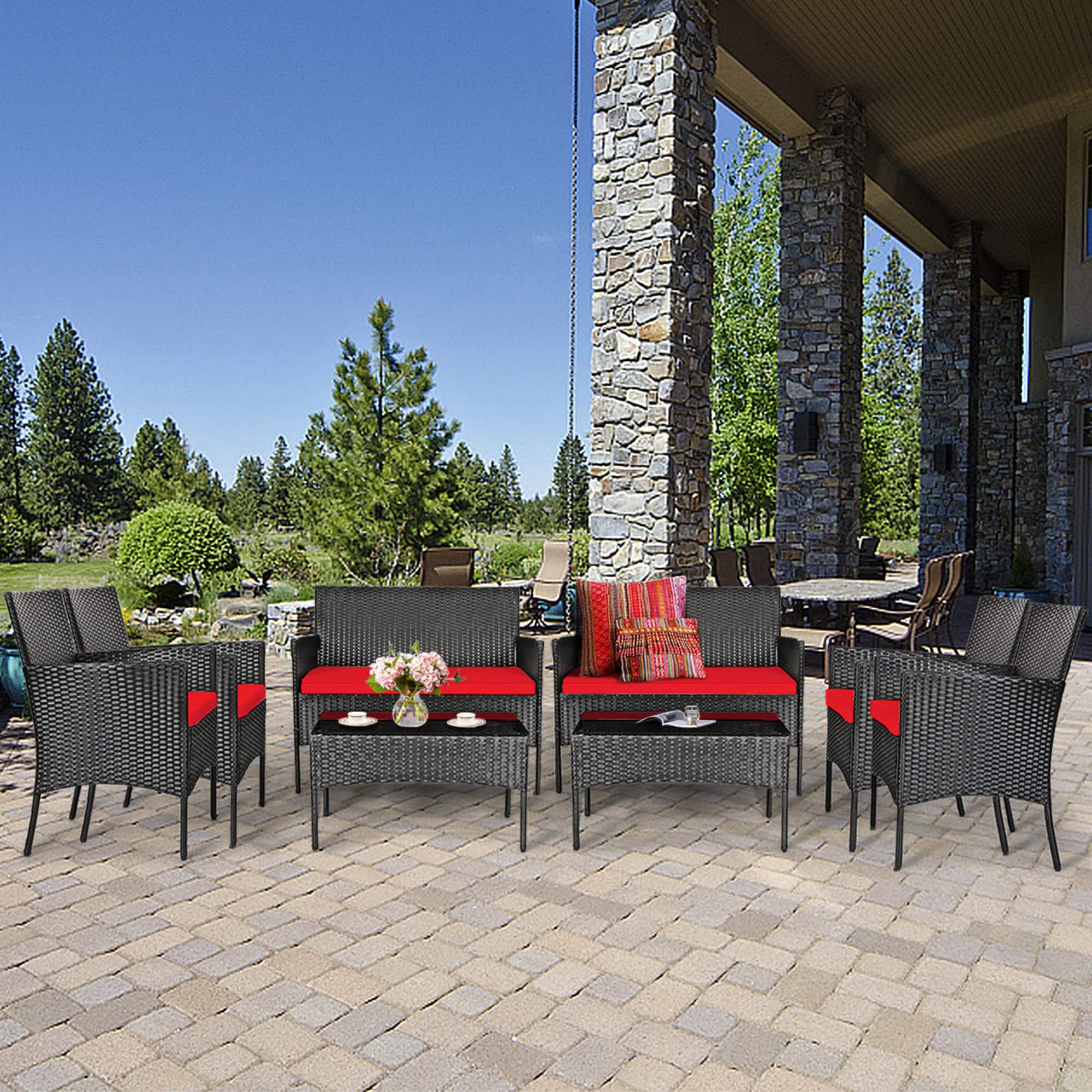 Gymax - 8PCS Outdoor Furniture Set Patio Rattan Conversation Set w/ Cushion - Red price history on PriceWatchPro