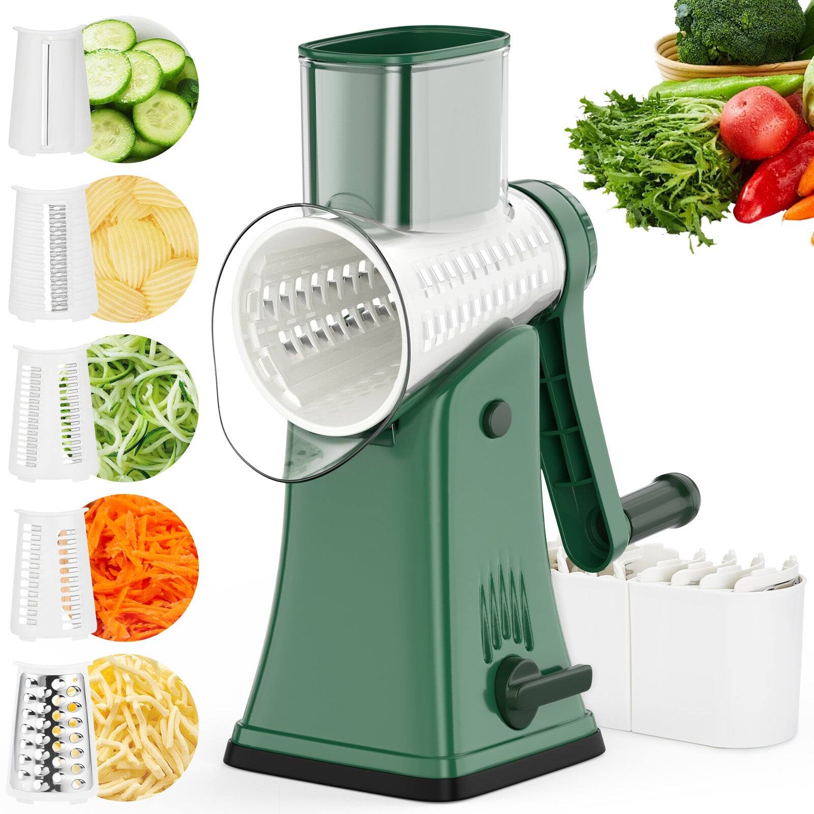 Front. Fitnate - 5 in 1 Multi-functional Cheese Grater, Stainless Steel Blade Set for Slicing, Shredding, Grinding - Green.