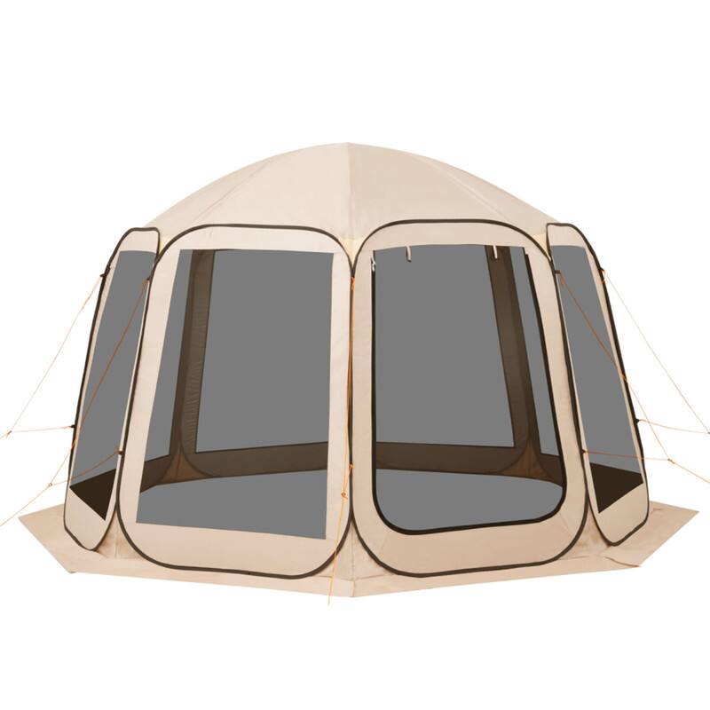 Angle. HTUTWOO - Portable House Tent - 12x11ft 10-12 Person Pop Up Screen Tent, in Canopy with Carry Bag Netting Sides Ground Stakes - Beige.
