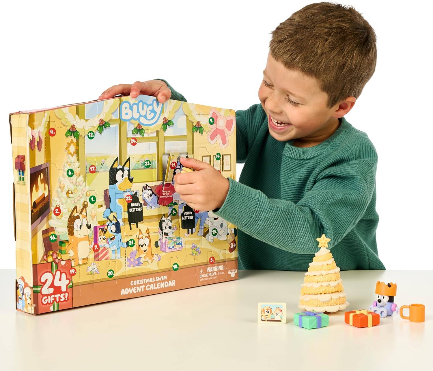 4 12. Bluey 24 9. 6. 17. 23 11. f 2. 1. 22 VIRA BST CHEF ORAY BST DEF 16. 7. 21. 15 3+ 19 24 GIFTS! 18 20. CHRISTMAS SWIM ADVENT CALENDAR S.  WARNING: CHOKING HAZARD - Small parts. Not for children under 3 years.