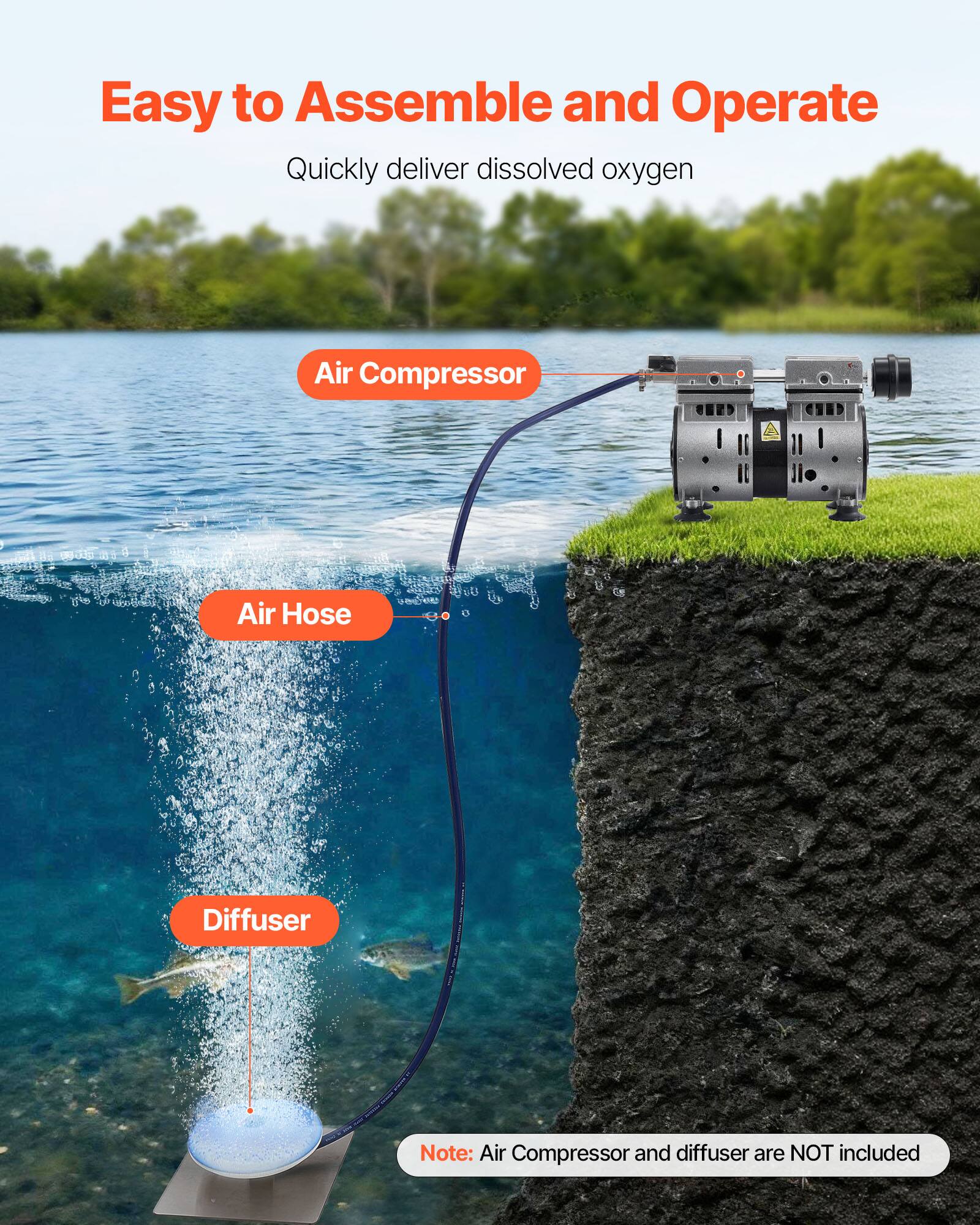 Easy to Assemble and Operate  
Quickly deliver dissolved oxygen  

Air Compressor  
Air Hose  
Diffuser  

Note: Air Compressor and diffuser are NOT included
