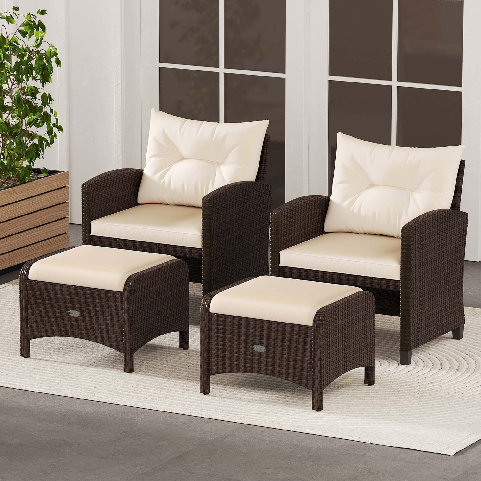 Back. Costway - 2 Pieces Outdoor Patio PE Wicker Ottomans with Removable Cushions Footstools - Mixed Brown + Beige.