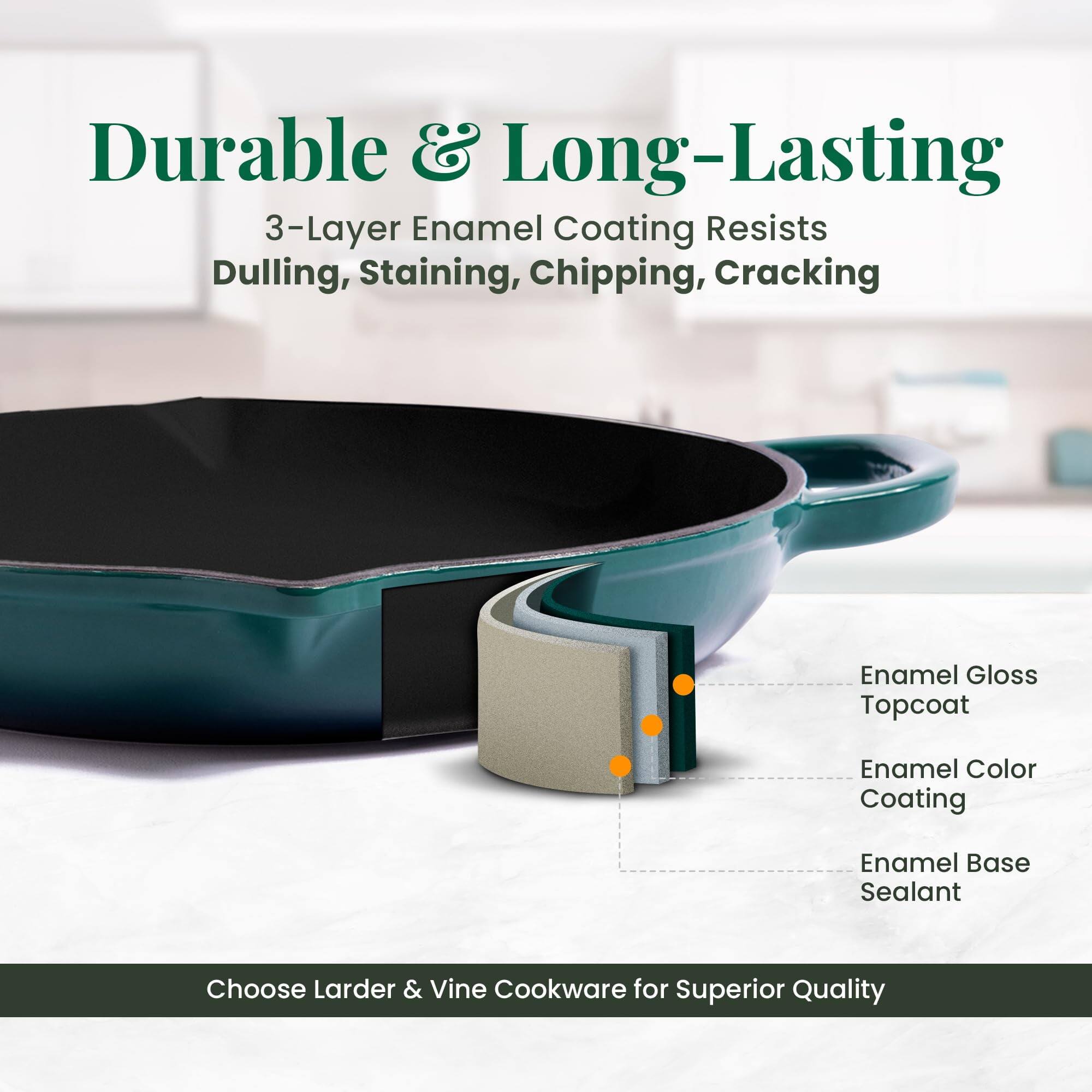 Durable & Long-Lasting  
3-Layer Enamel Coating Resists Dulling, Staining, Chipping, Cracking  

Enamel Gloss Topcoat  
Enamel Color Coating  
Enamel Base Sealant  

Choose Larder & Vine Cookware for Superior Quality