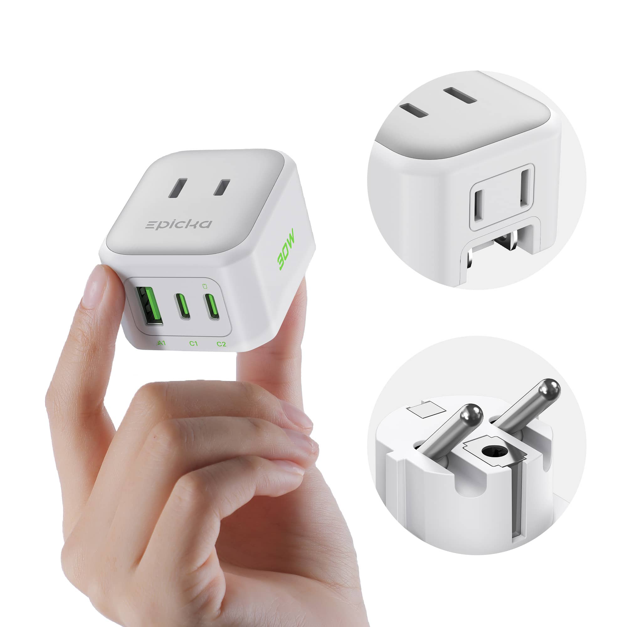 Epicka - Hybrid Mini International Power Adapter for US to Europe & England 30W PD Fast Charging 5-IN-1, Travel Essentials - White