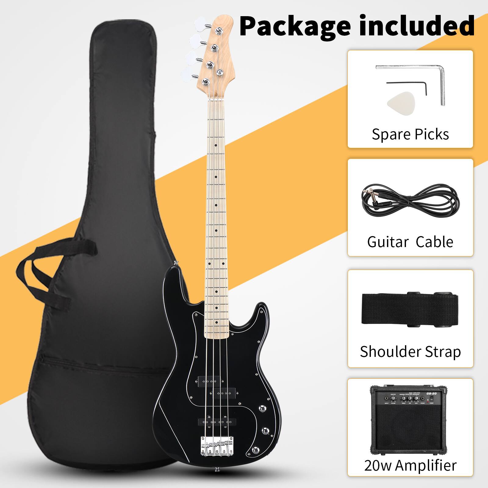Package included

- Spare Picks
- Guitar Cable
- Shoulder Strap
- 20w Amplifier
