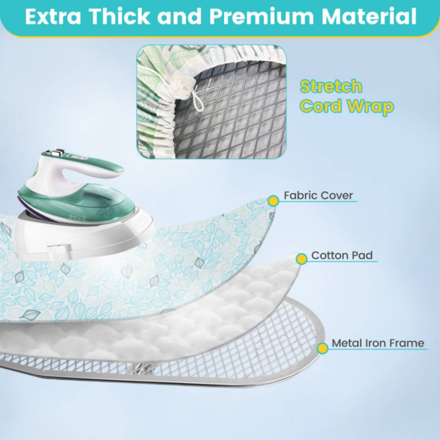 Extra Thick and Premium Material

Stretch Cord Wrap

Fabric Cover

Cotton Pad

Metal Iron Frame