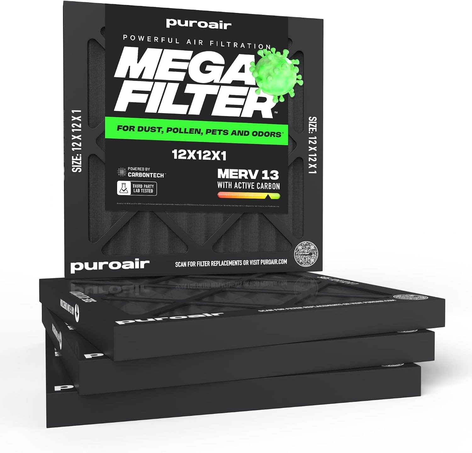PuroAir - 12x12x1 HVAC Mega Filter MERV 13 Pleated Plus Activated Carbon Air Filter (4-Pack) - Black