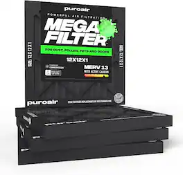 PuroAir - 12x12x1 HVAC Mega Filter MERV 13 Pleated Plus Activated Carbon Air Filter (4-Pack) - Black