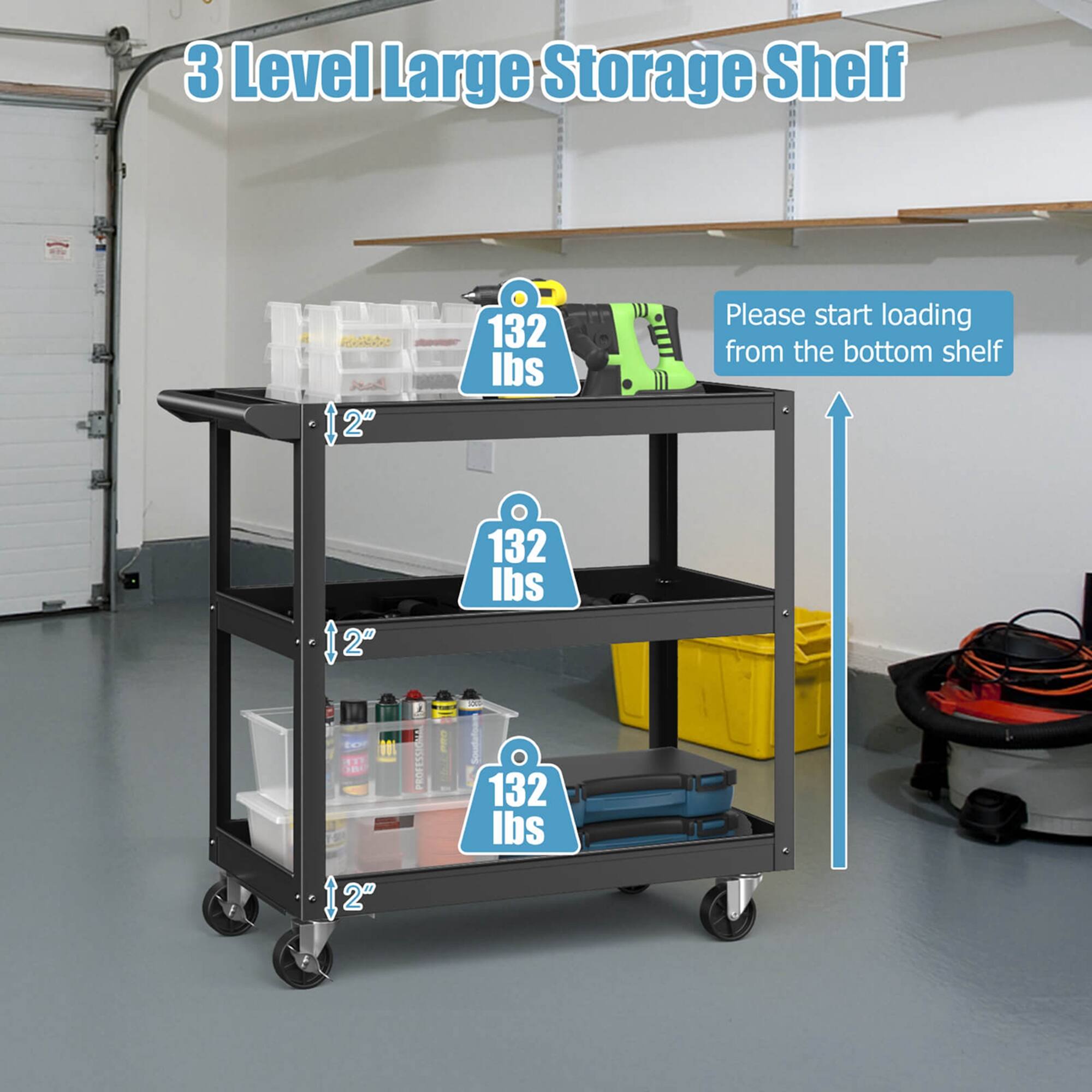 3 Level Large Storage Shelf  
12"  
132 lbs  
Please start loading from the bottom shelf  
2"  
132 lbs  
2"  
132 lbs  
2"