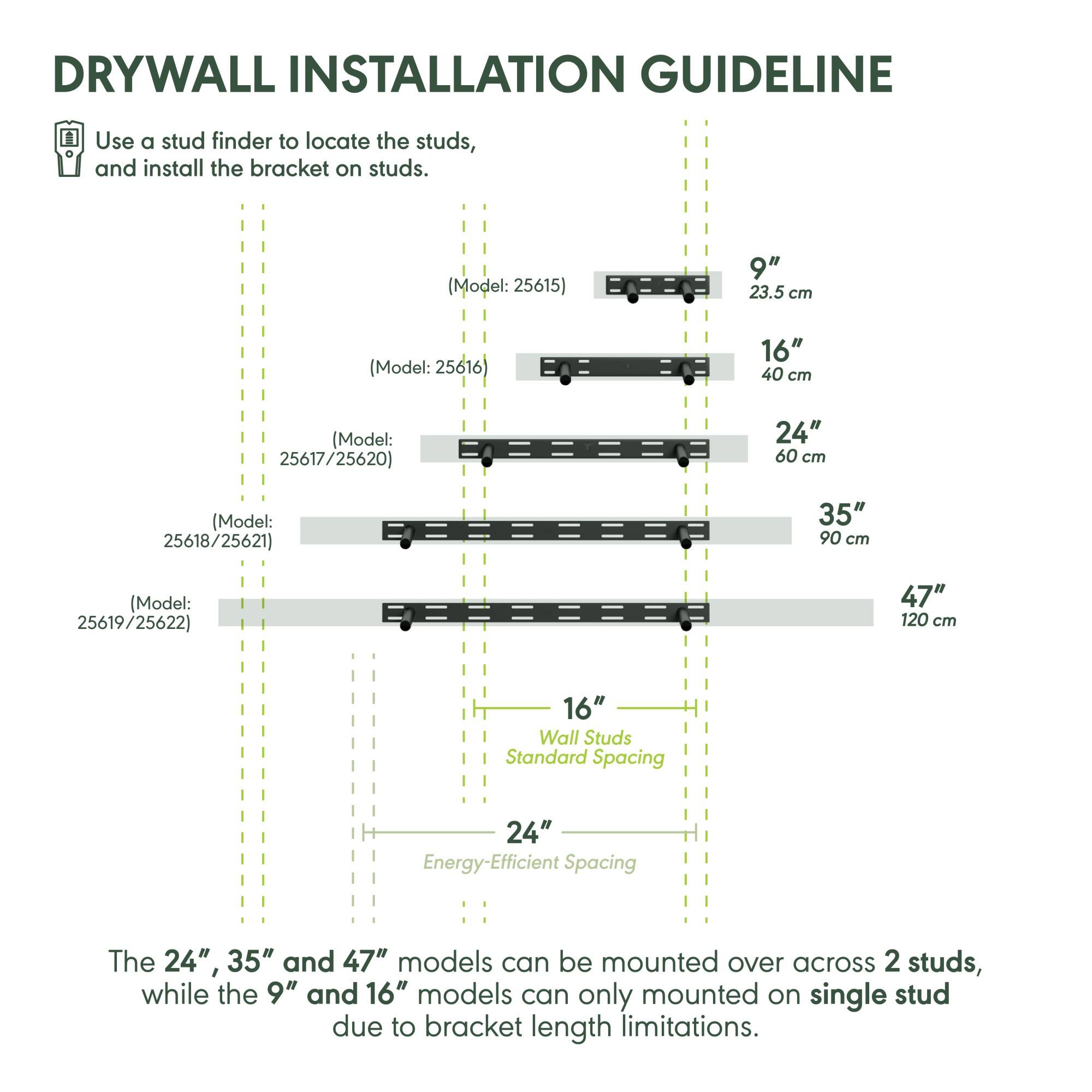 DRYWALL INSTALLATION GUIDELINE

Use a stud finder to locate the studs, and install the bracket on studs.

- (Model: 25615) 9" 23.5 cm
- (Model: 25616) 16" 40 cm
- (Model: 25617/25620) 24" 60 cm
- (Model: 25618/25621) 35" 90 cm
- (Model: 25619/25622) 47" 120 cm

16" Wall Studs Standard Spacing  
24" Energy-Efficient Spacing

The 24", 35" and 47" models can be mounted over across 2 studs, while the 9" and 16" models can only mounted on single stud due to bracket length limitations.