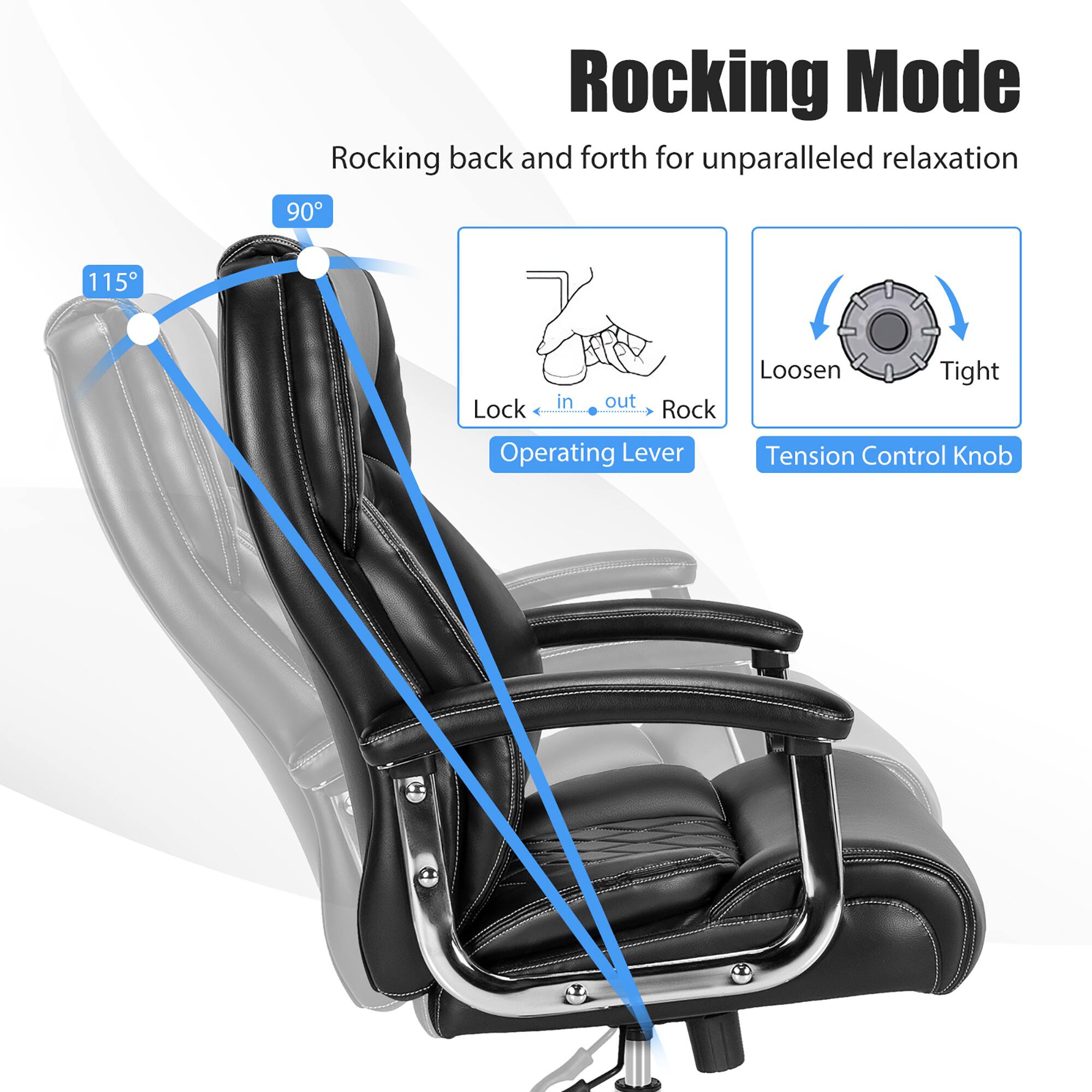 Rocking Mode
Rocking back and forth for unparalleled relaxation
90
115
Lock in out
Rock
Operating Lever
Loosen
Tight
Tension Control Knob