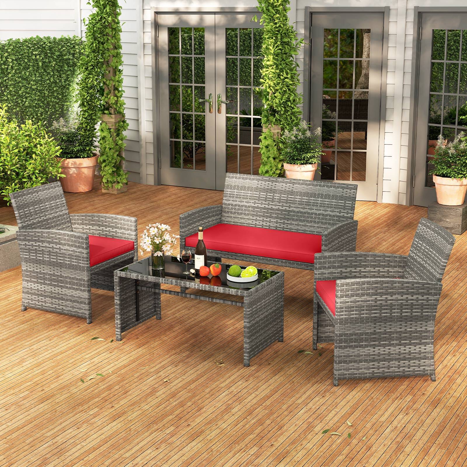 Alt View 3. Gymax - Gymax 4 Piece Patio Furniture Set Outdoor Wicker Conversation Set w/ Tempered Glass Coffee Table - Red.