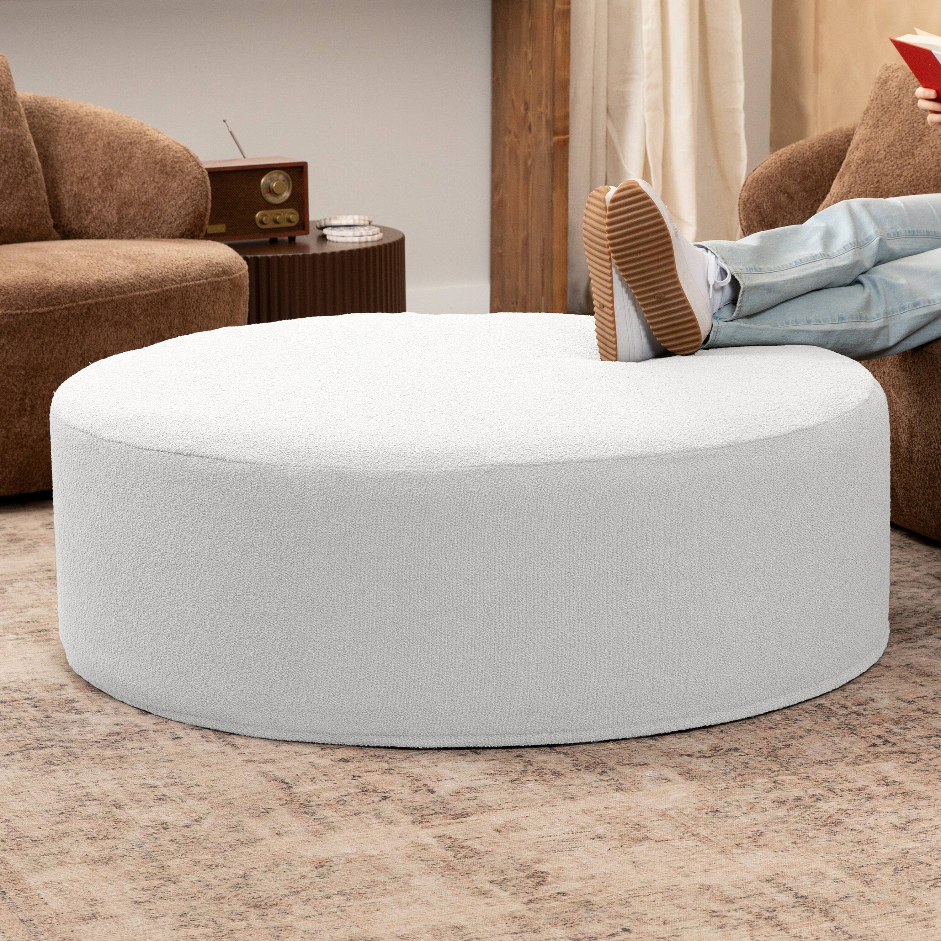 Angle. Jaxx - Jaxx Candler Round Couch Oversized Giant Coffee Table Ottoman 44”,  Boucle White - Boucle White.