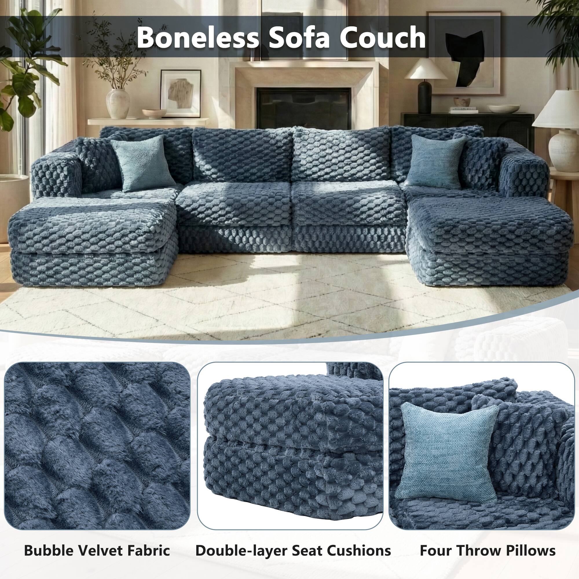 Boneless Sofa Couch

Bubble Velvet Fabric
Double-layer Seat Cushions
Four Throw Pillows