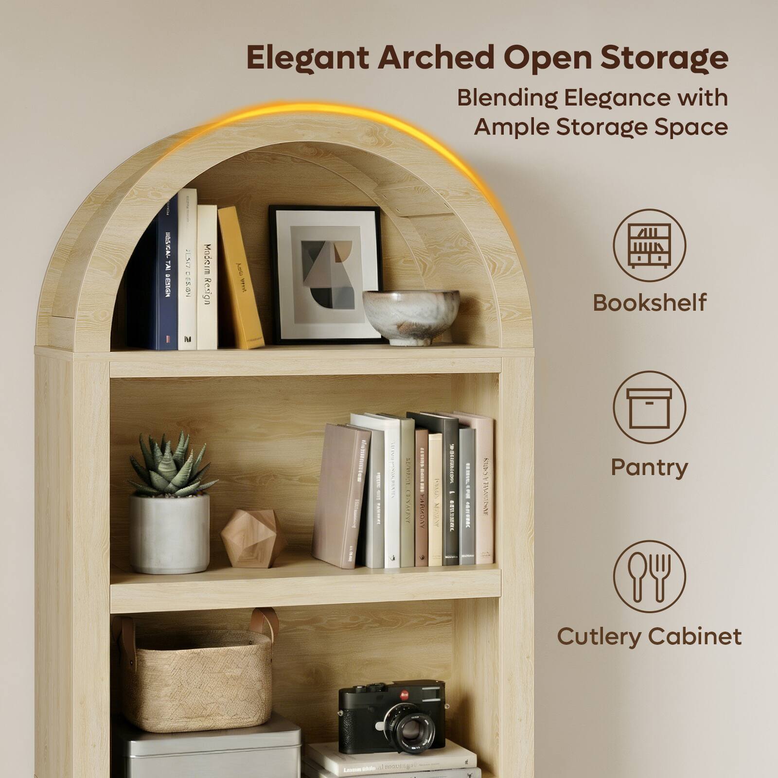 Elegant Arched Open Storage  
Blending Elegance with Ample Storage Space

- Bookshelf
- Pantry
- Cutlery Cabinet