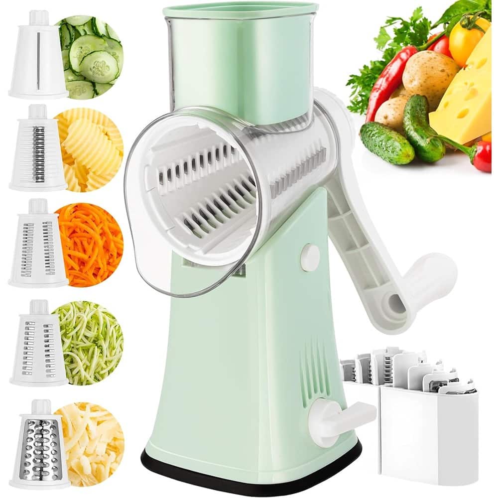 PARKER SLATER - 5-in-1 Rotary Cheese Grater with Handle, Stainless Steel Blades, Vegetable Slicer, Easy-Clean Kitchen Gadget - Light Green
