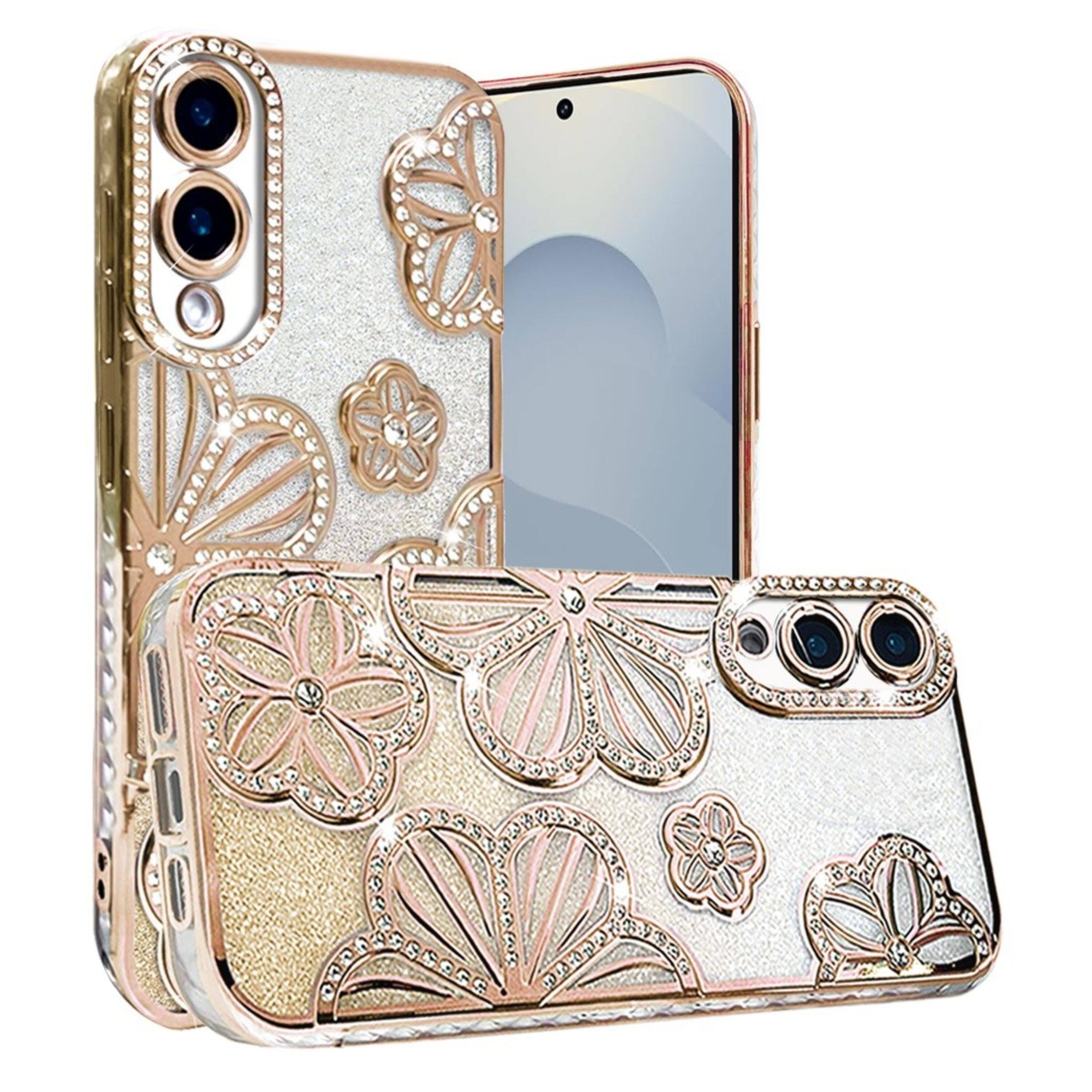 Angle. Kitcheniva - Floral 3D Glitter Phone Cover With Tempered Glass For Samsung Galaxy S25 Edge Gold - Gold.