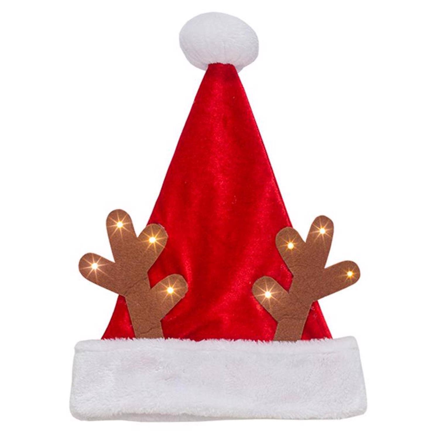 Front. Dyno - Dyno 17 in. Light-Up Antlers Santa Hat 1 pk (Case of 12) - Red|White.