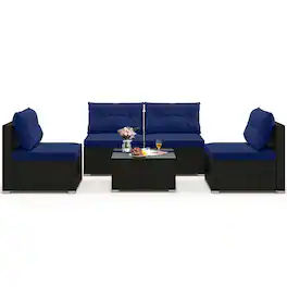 Gymax - 5 PCS Patio Furniture Set w/ Seat & Back Cushions Tempered Glass Tabletop - Navy