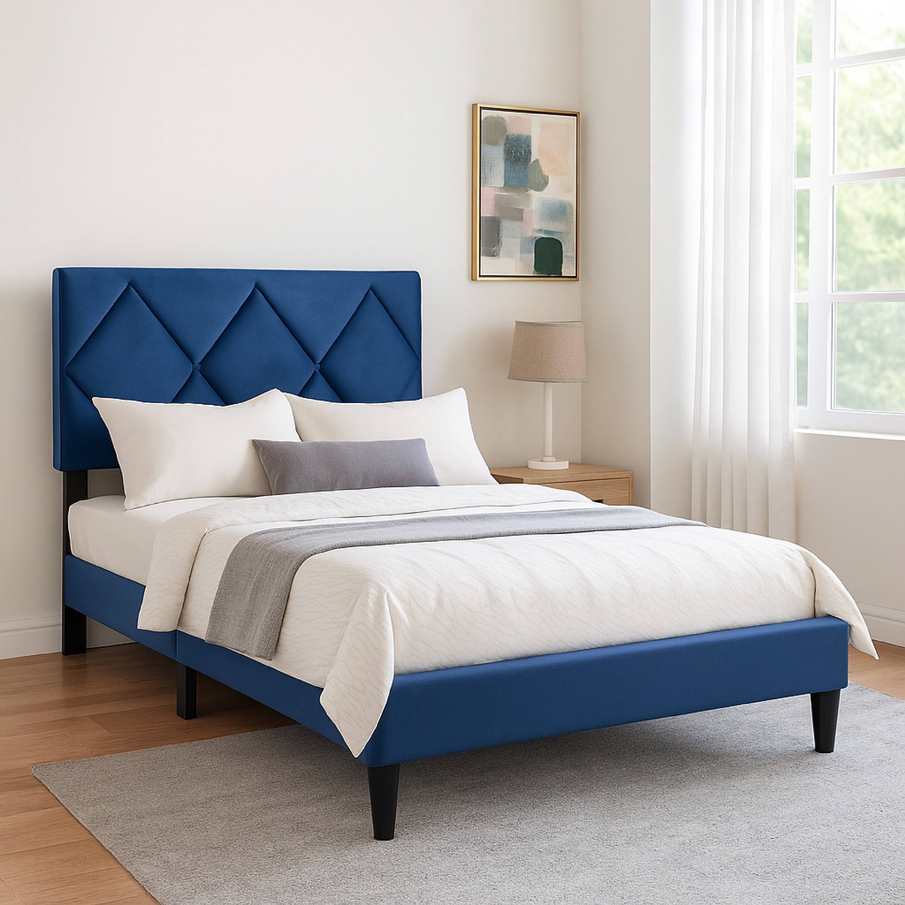Alt View 2. Manhattan Lane - Lilian Full Bed, Tufted Navy Blue Velvet Upholstery, Diamond Stitch - Navy Blue, Black.