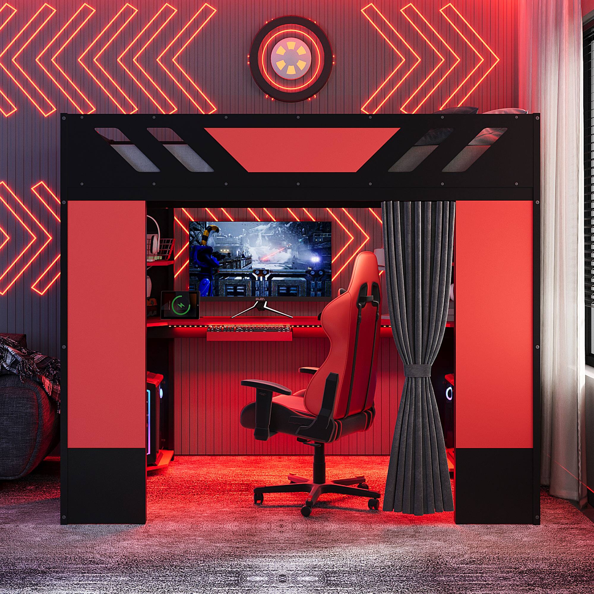 Angle. Anysun - Full Size Wood Loft Bed with,Shelves,Blackout Curtains,and RGB Lights - Red.