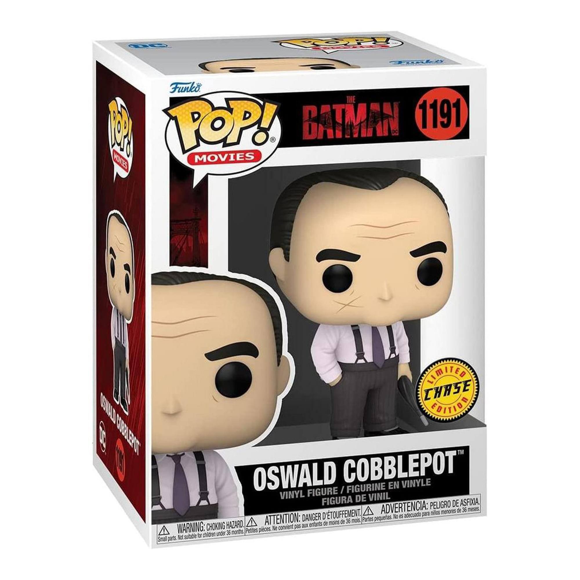 Sure, here is the corrected and grouped text from the image:

---

**Top Left:**
- Funko POP! MOVIES

**Top Center:**
- THE BATMAN 1191

**Top Right:**
- LIMITED CHASE EDITION

**Center:**
- OSWALD COBBLEPOT
- VINYL FIGURE / FIGURINE EN VINYLE / FIGURA DE VINIL

**Bottom Left:**
- WARNING: CHOKING HAZARD - Small parts. Not for children under 3 years.
- ATTENTION: PELIGRO DE ASFIXIA - Piezas pequeñas. No conviene para menores de 3 años.
- ADVERTENCIA: DANGER - ÉTOUFFEMENT - Pequeñas piezas. No conviene para menores de 36 meses.

**Bottom Right:**
- DC

**Bottom Center:**
- OSWALD COBBLEPOT

**Bottom Left Corner:**
- DC

---