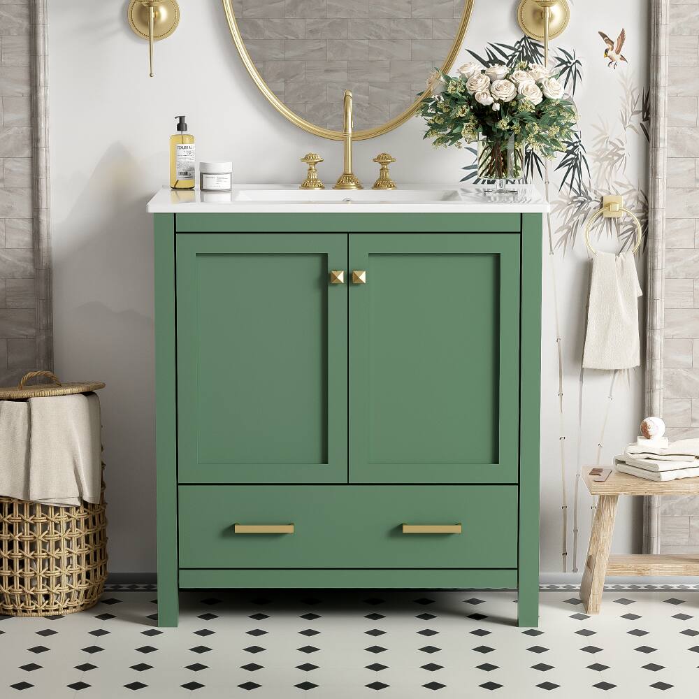 Left. JUJABU - 30" Green Bathroom Vanity with Ceramic Sink and Drawer - Green.