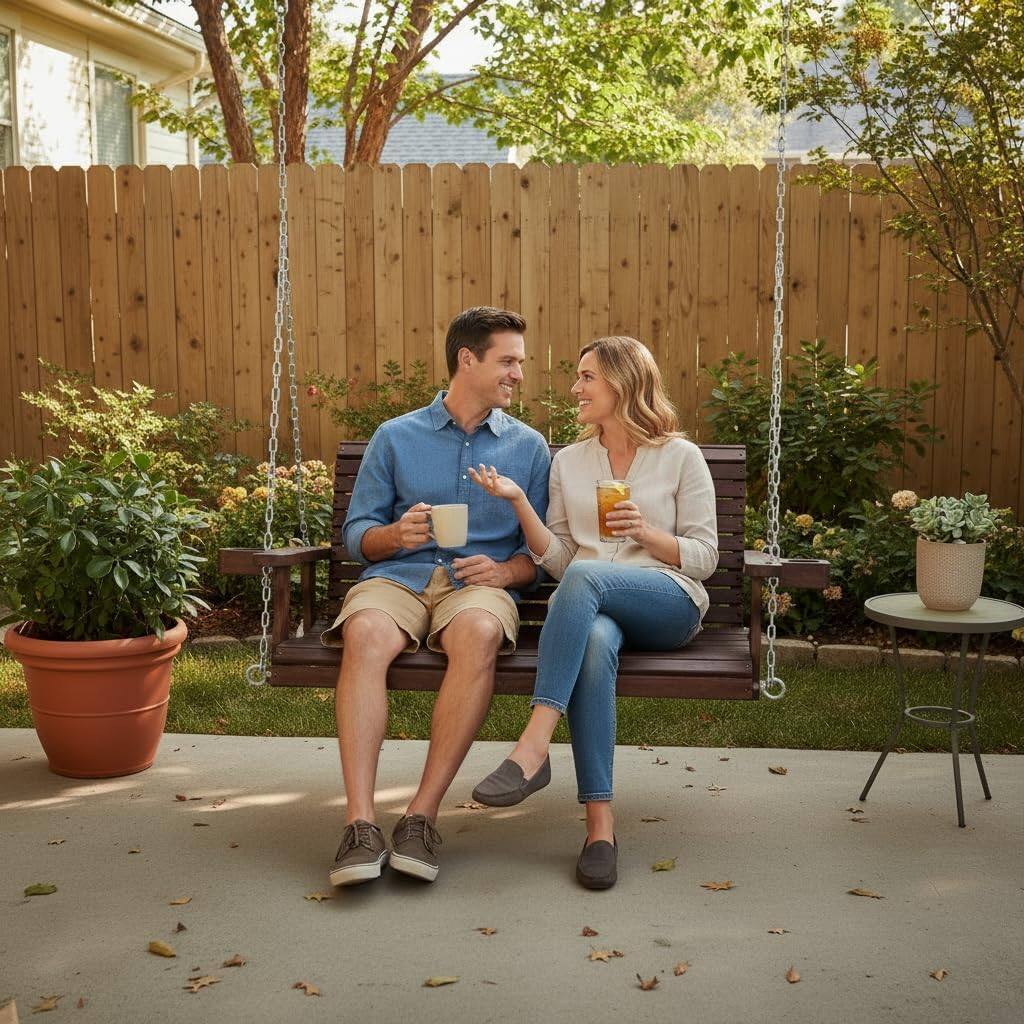 Angle. Fortune Candy - Wooden Porch Swing 2-Seater, High Backrest and Deep Seat, Bench Swing with Cupholders, for Outdoor Patio Garden - Deep Brown.