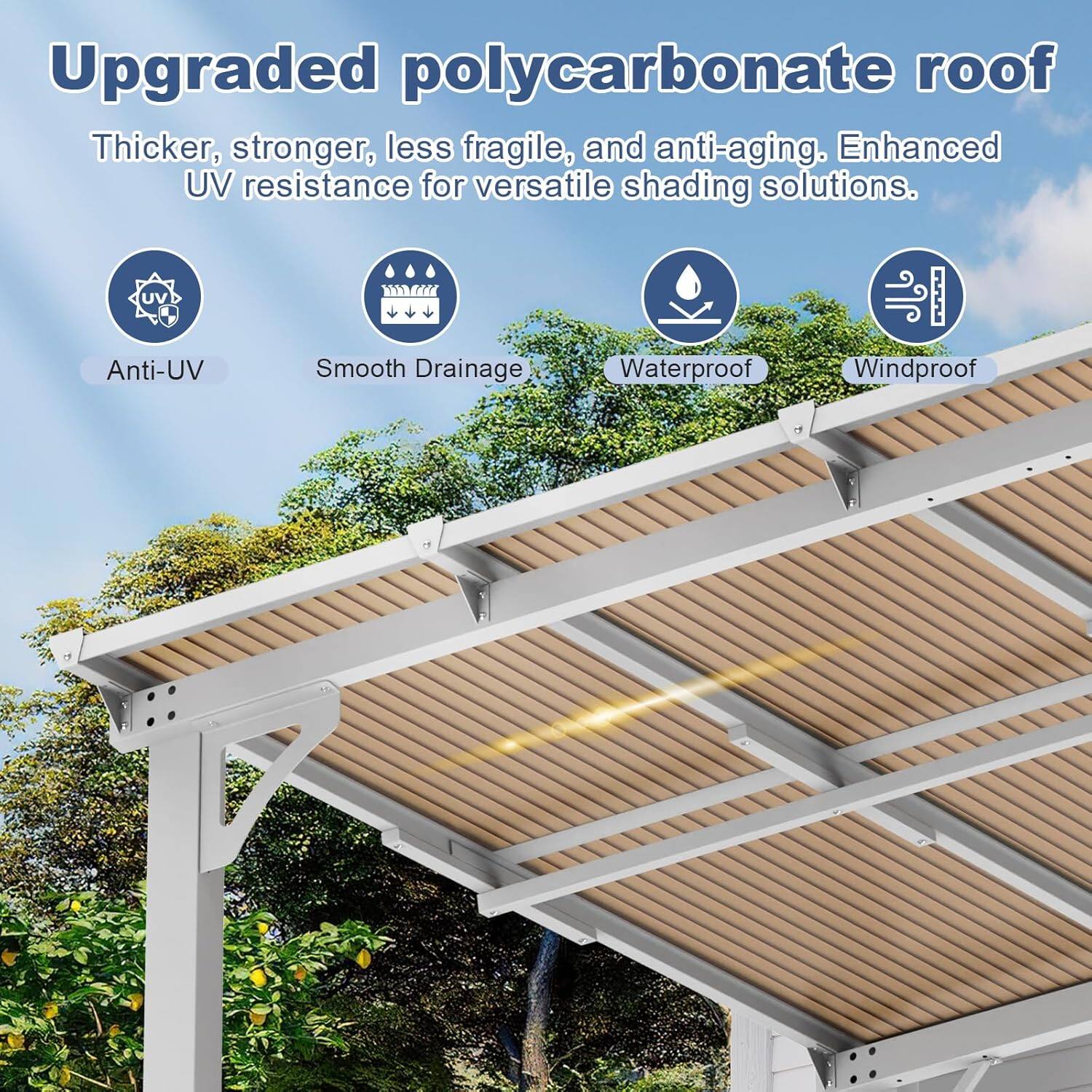 Upgraded polycarbonate roof  
Thicker, stronger, less fragile, and anti-aging. Enhanced UV resistance for versatile shading solutions.  
Anti-UV  
Smooth Drainage  
Waterproof  
Windproof