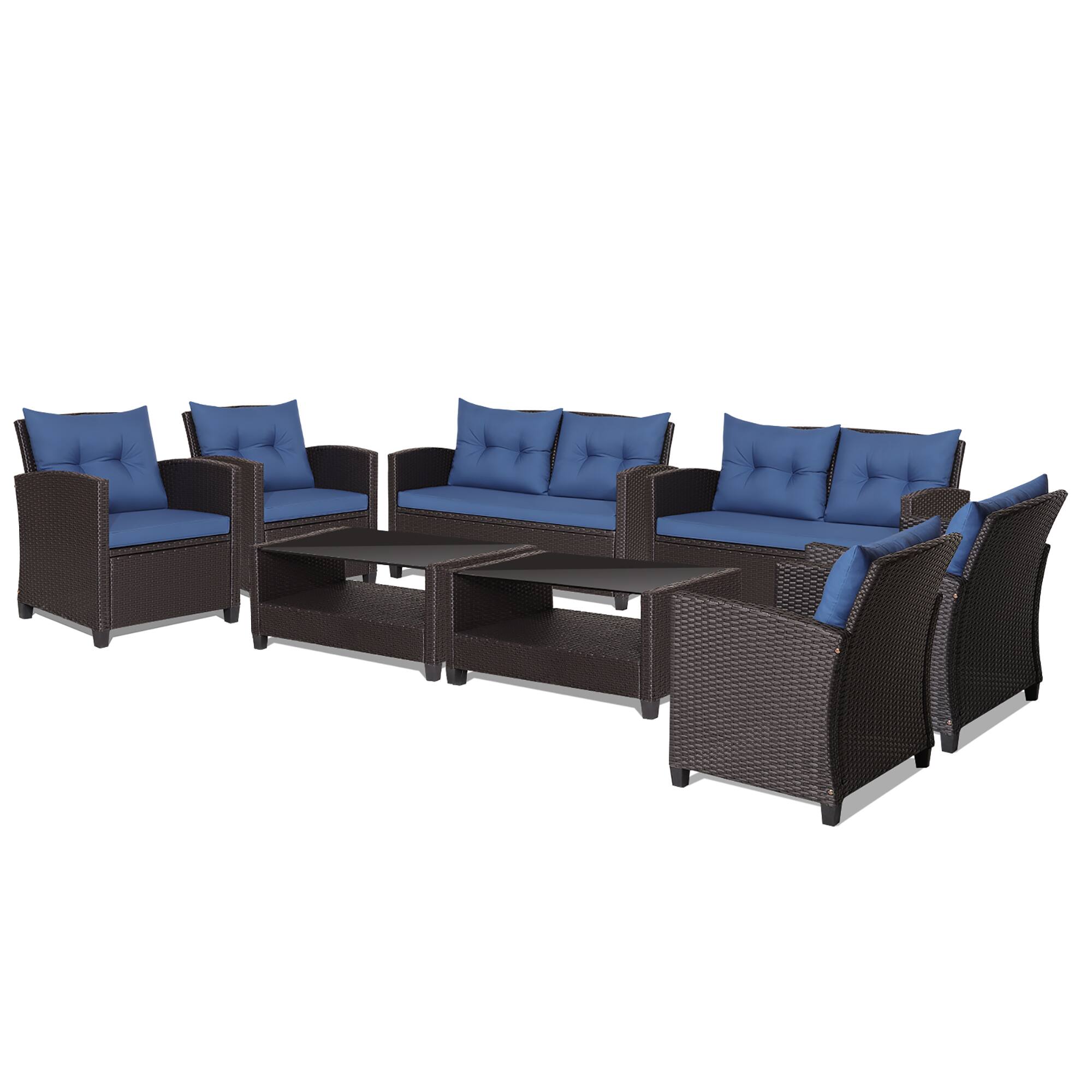 Alt View 1. Gymax - Gymax 8PCS Outdoor Conversation Set Patio PE Rattan Set w/ Glass Table & Sofa Cushions Navy - Navy.