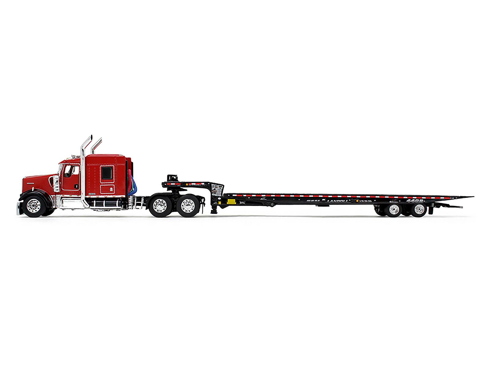 Angle. First Gear - Kenworth W900L with 72 AeroCab Sleeper and Landoll 440B50CA Traveling Axle Trailer Viper Red and Black 1/64 - Red .
