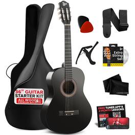 Pyle - Beginner Acoustic Guitar Kit, 3/4 Size All Wood Build, 36” Accessories for Beginners - PGACLS82BK - Black Gloss