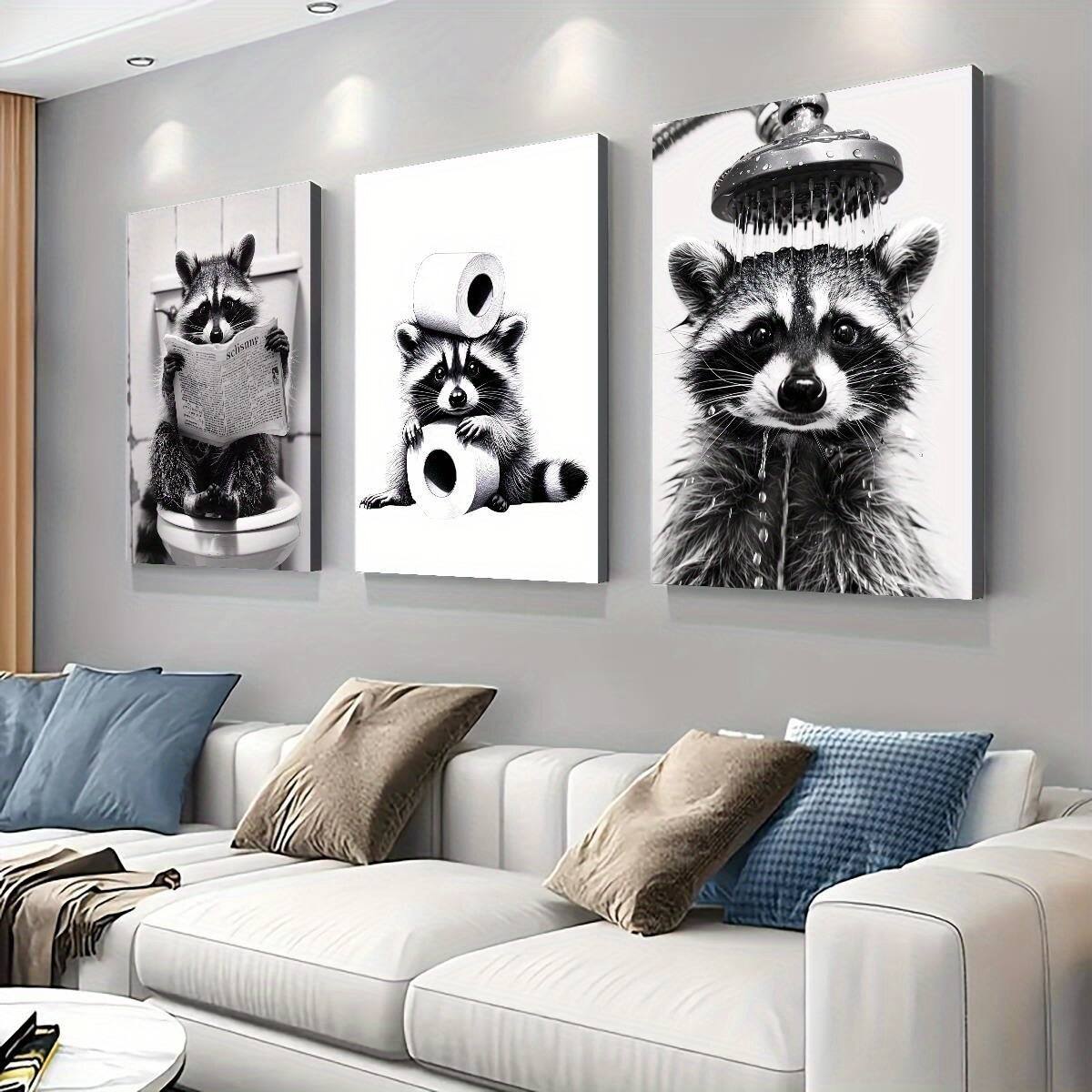 Alt View 2. blue - 3pcs Waterproof Canvas Poster - Wooden Framed Black and White Raccoon Under Shower Art - Bedroom Office Living Room Caf - Color:12*8inch(30*20cm).