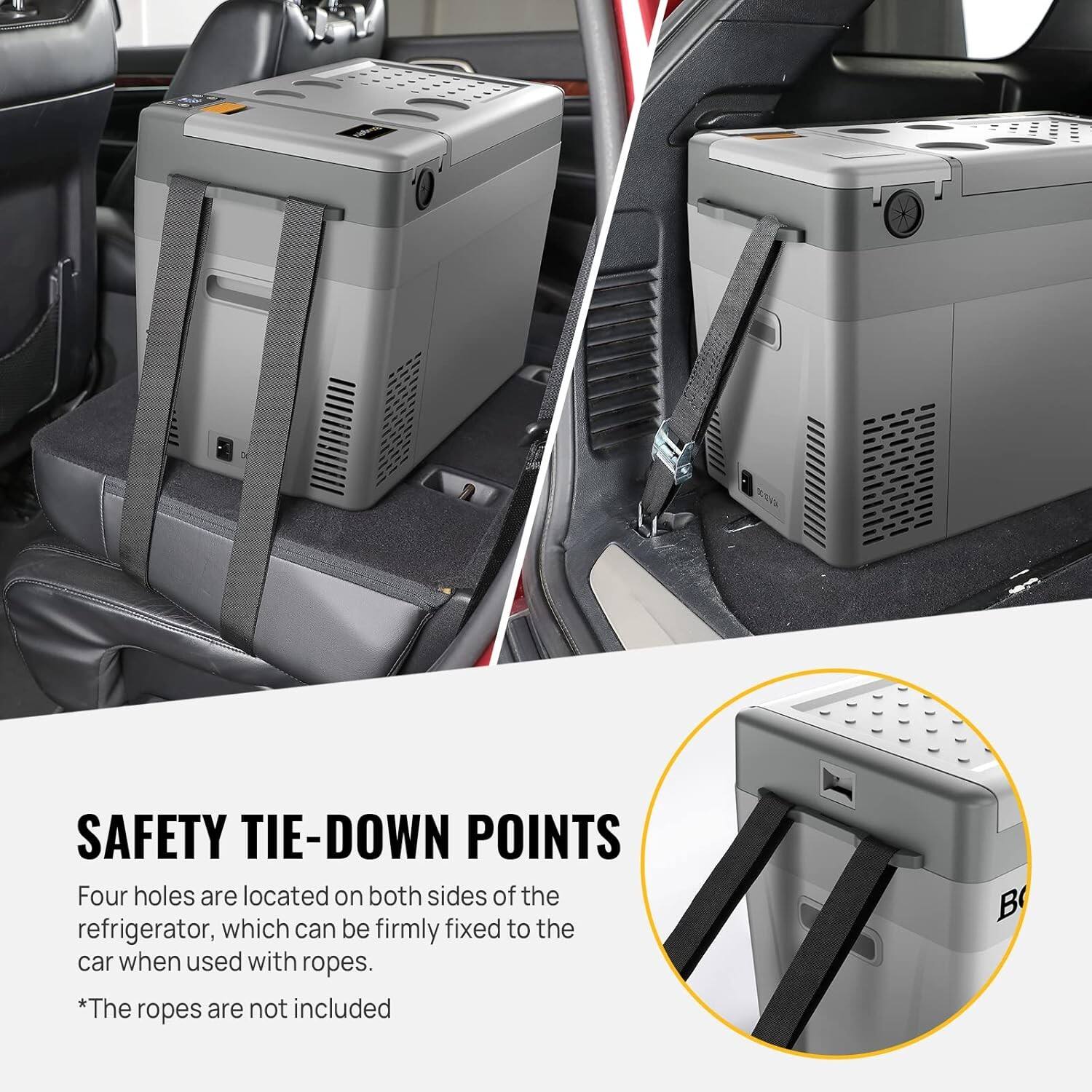 SAFETY TIE-DOWN POINTS

Four holes are located on both sides of the refrigerator, which can be firmly fixed to the car when used with ropes.

*The ropes are not included