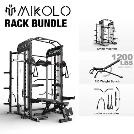 MIKOLLO RACK BUNDLE
Smith machine
1200 LBS WEIGHT CAPACITY
FID Weight Bench
cable accessories