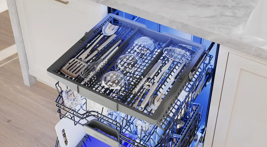 The text on the image is not coherent or meaningful. It does not provide any context or information about the image of the dishwasher.
