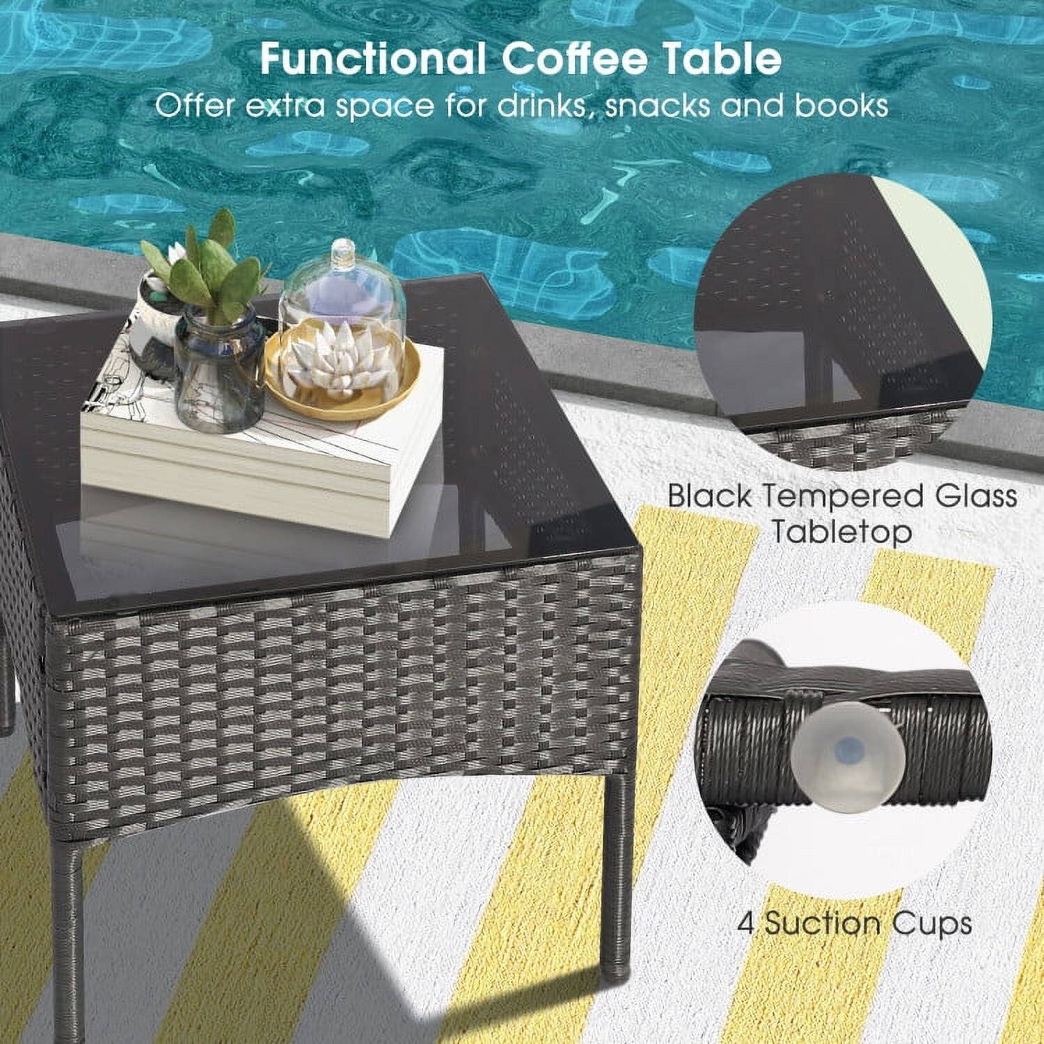 Functional Coffee Table  
Offer extra space for drinks, snacks and books  

Black Tempered Glass Tabletop  

4 Suction Cups