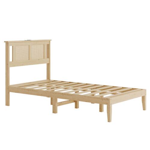Alt View 5. Winado - Rattan Bed Frame with Rattan Headboard Boho Wooden Platform Bed with Charging Station and Underbed Storage for Bedroom - Natural, Twin Size.