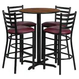 Emma + Oliver - 30" Round Laminate Table Set with X-Base and 4 Ladder Back Stools - Walnut Top/Burgundy Vinyl Seat