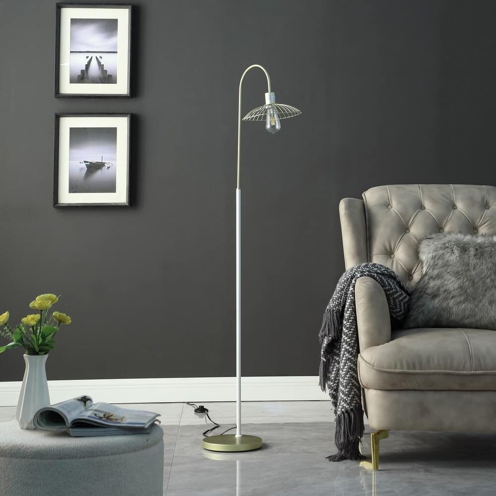 MOOSOO - 64.25" In Industrial Pendant Cage Satin Matte /White Metal Floor Lamp - Gold