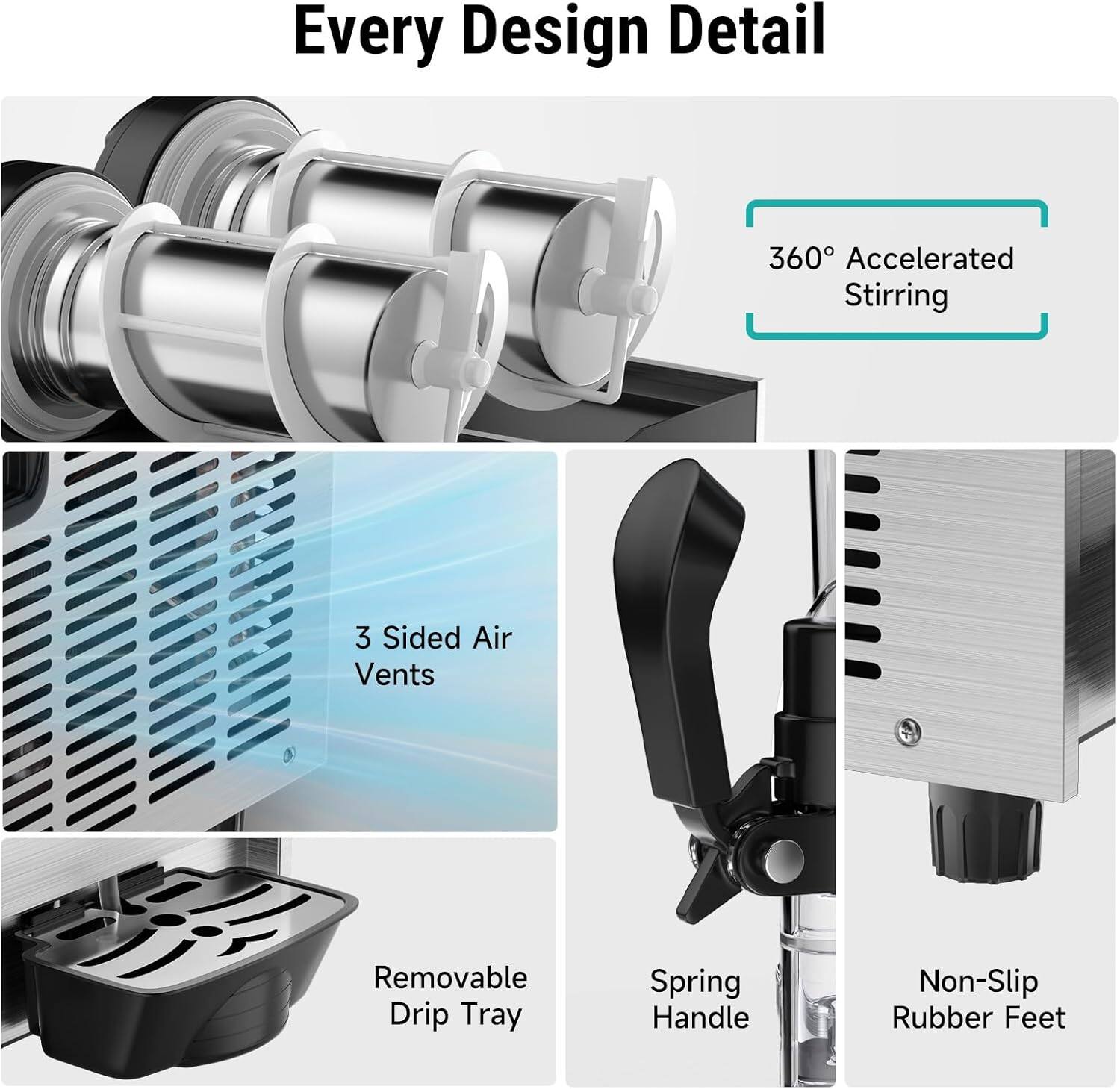Every Design Detail

- 360° Accelerated Stirring
- 3 Sided Air Vents
- Removable Drip Tray
- Spring Handle
- Non-Slip Rubber Feet