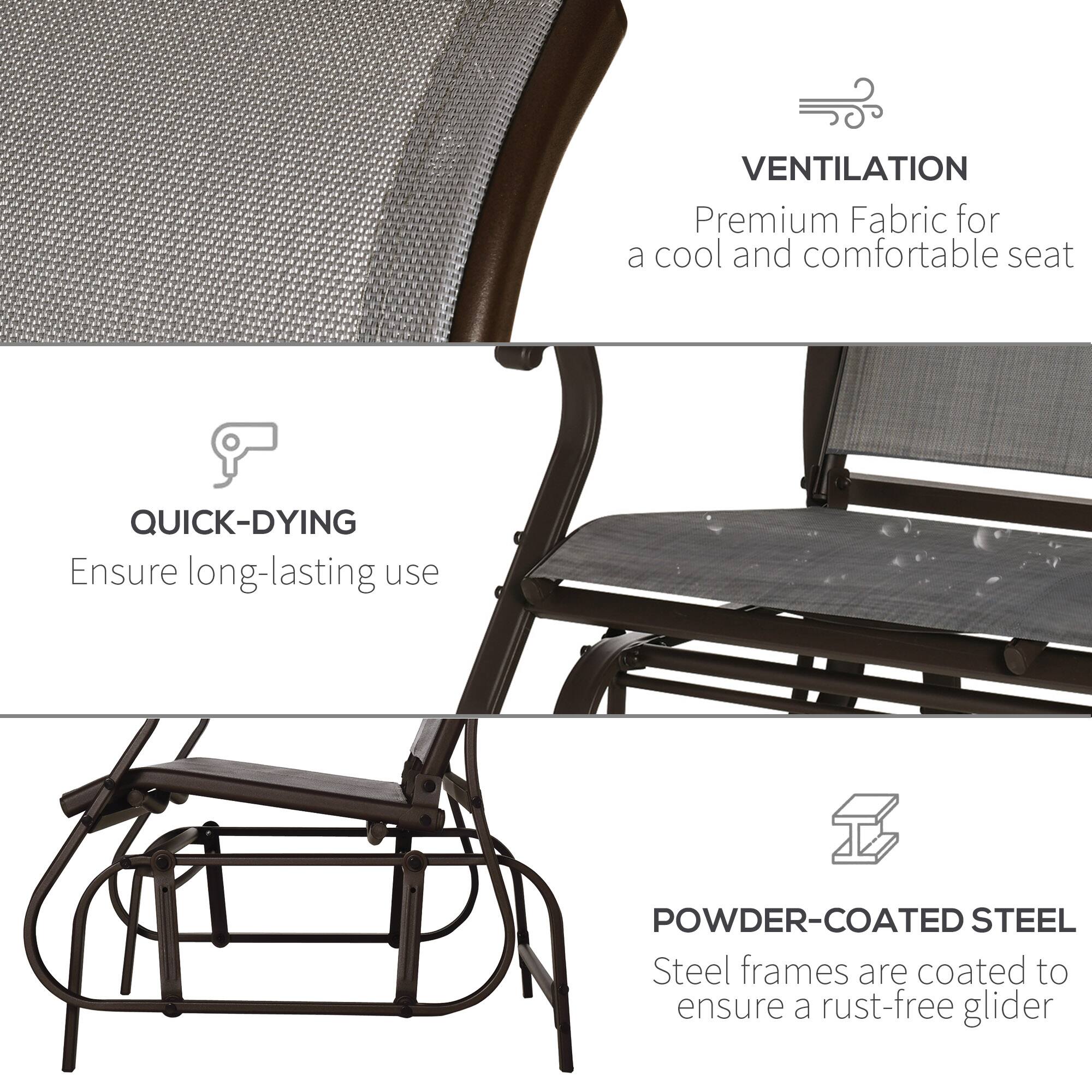VENTILATION: Premium Fabric for a cool and comfortable seat

QUICK-DYING: Ensure long-lasting use

POWDER-COATED STEEL: Steel frames are coated to ensure a rust-free glider