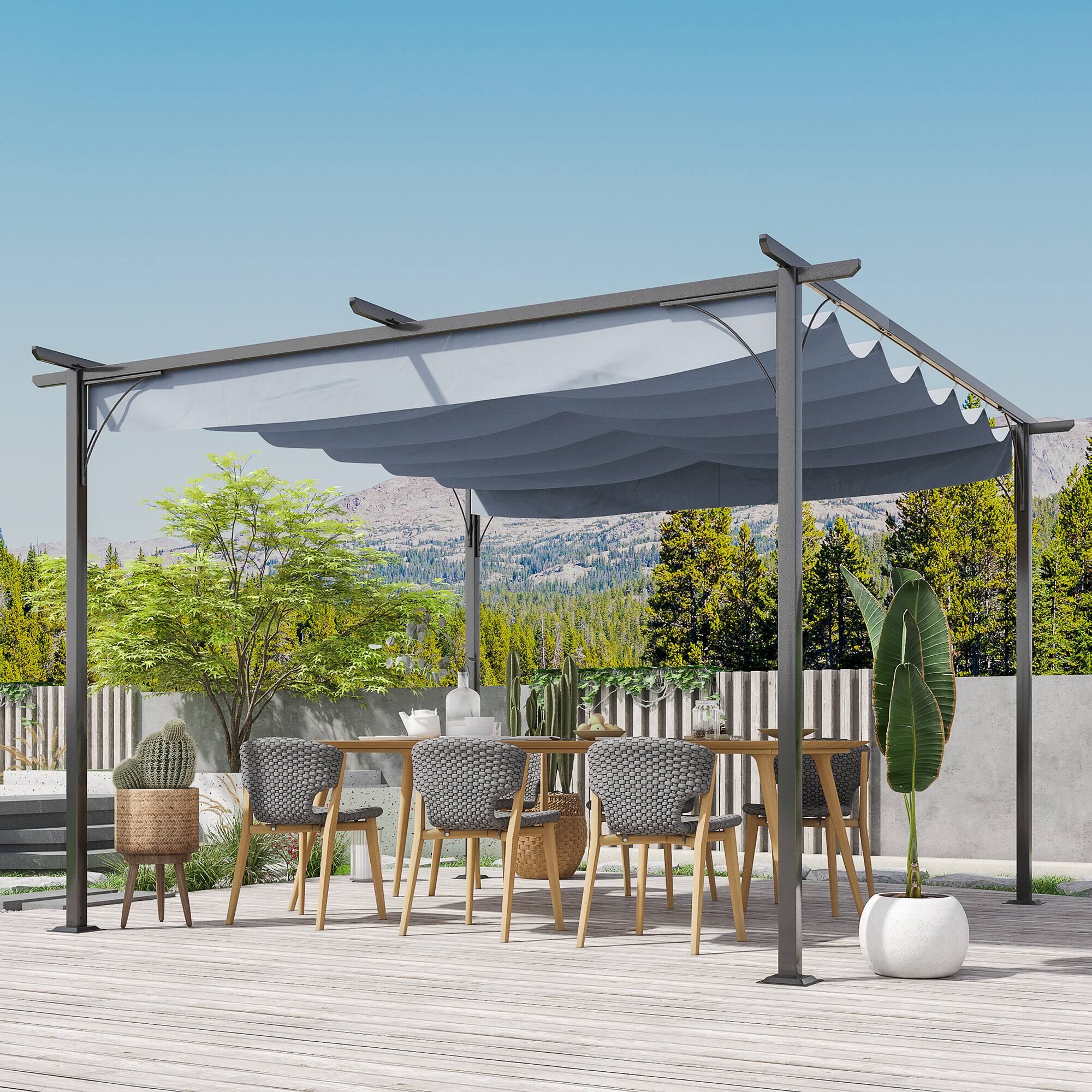 Angle. Outsunny - 11.5' x 11.5' Outdoor Retractable Pergola Canopy, Metal Patio Shade Shelter for Backyard, Porch Party, Garden - Gray.