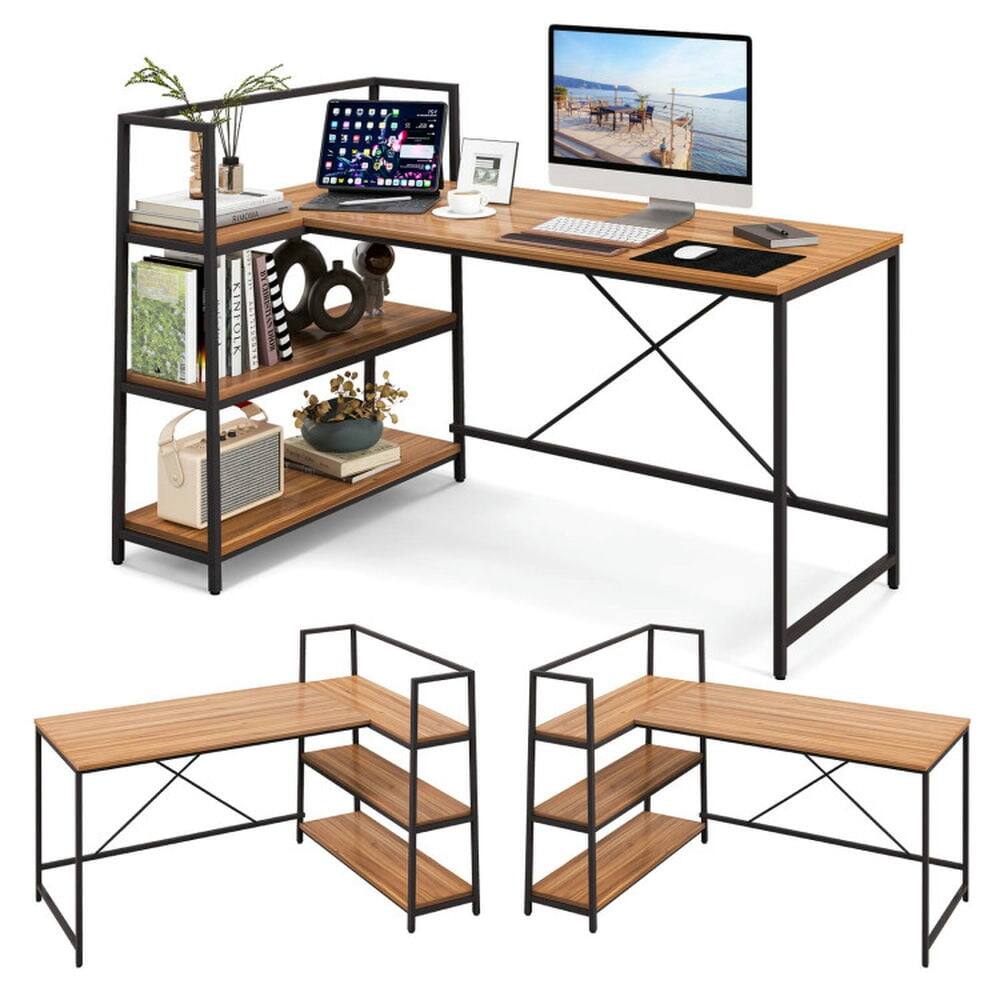 Alt View 1. Resenkos - Reversible L Shaped Computer Corner Workstation with 3-Tier Open Shelf-Walnut, Gaming Computer Desks for Study,Working - Brown.