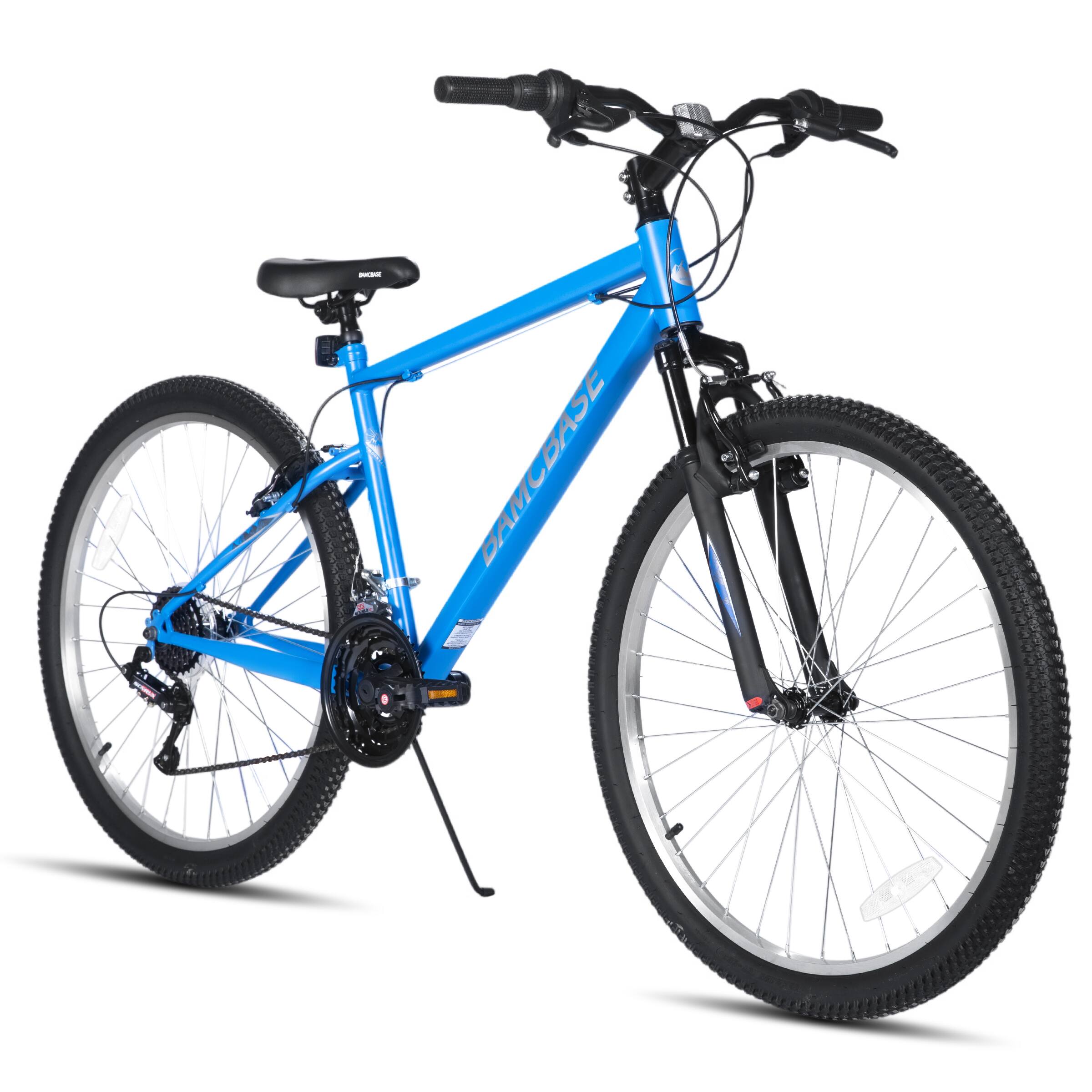 Front. HILAND - BAMCBASE Agave 26 inch Mountain Bike with Hi-Ten Steel Frame, Front Suspension Fork, 18 Speed MTB for Adult Men, Blue - blue.