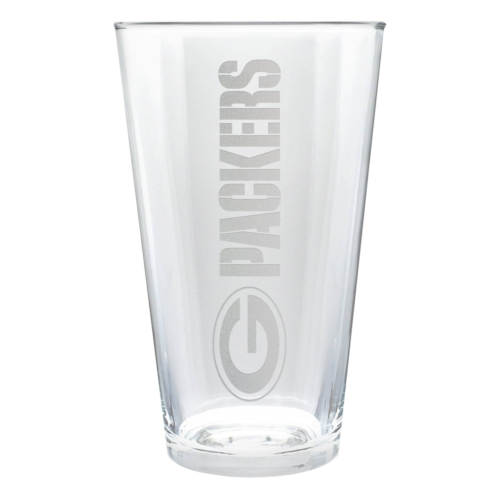 Front. Great American Products - Green Bay Packers Etched 16oz. Vertical Rally Cry Pint Glass - Multicolor.