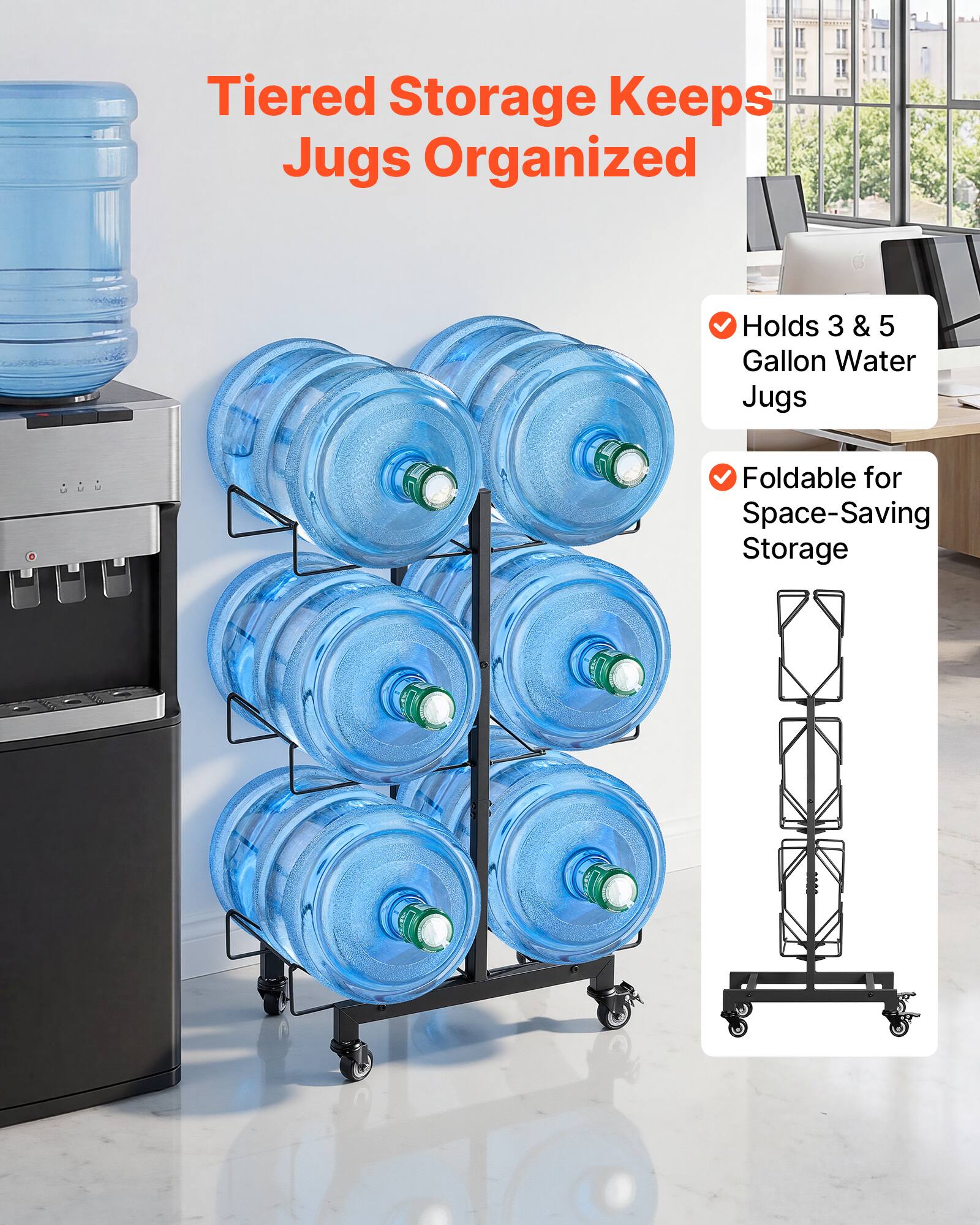 Tiered Storage Keeps Jugs Organized  
Holds 3 & 5 Gallon Water Jugs  
Foldable for Space-Saving Storage