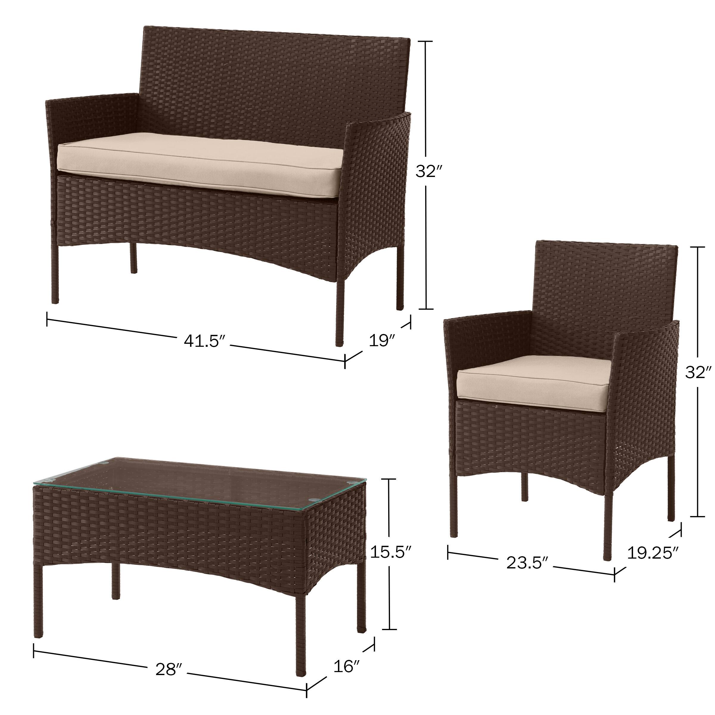- Armchair: 32" (height), 19.25" (width), 23.5" (depth)
- Loveseat: 32" (height), 41.5" (width), 19" (depth)
- Coffee Table: 15.5" (height), 28" (width), 16" (depth)
